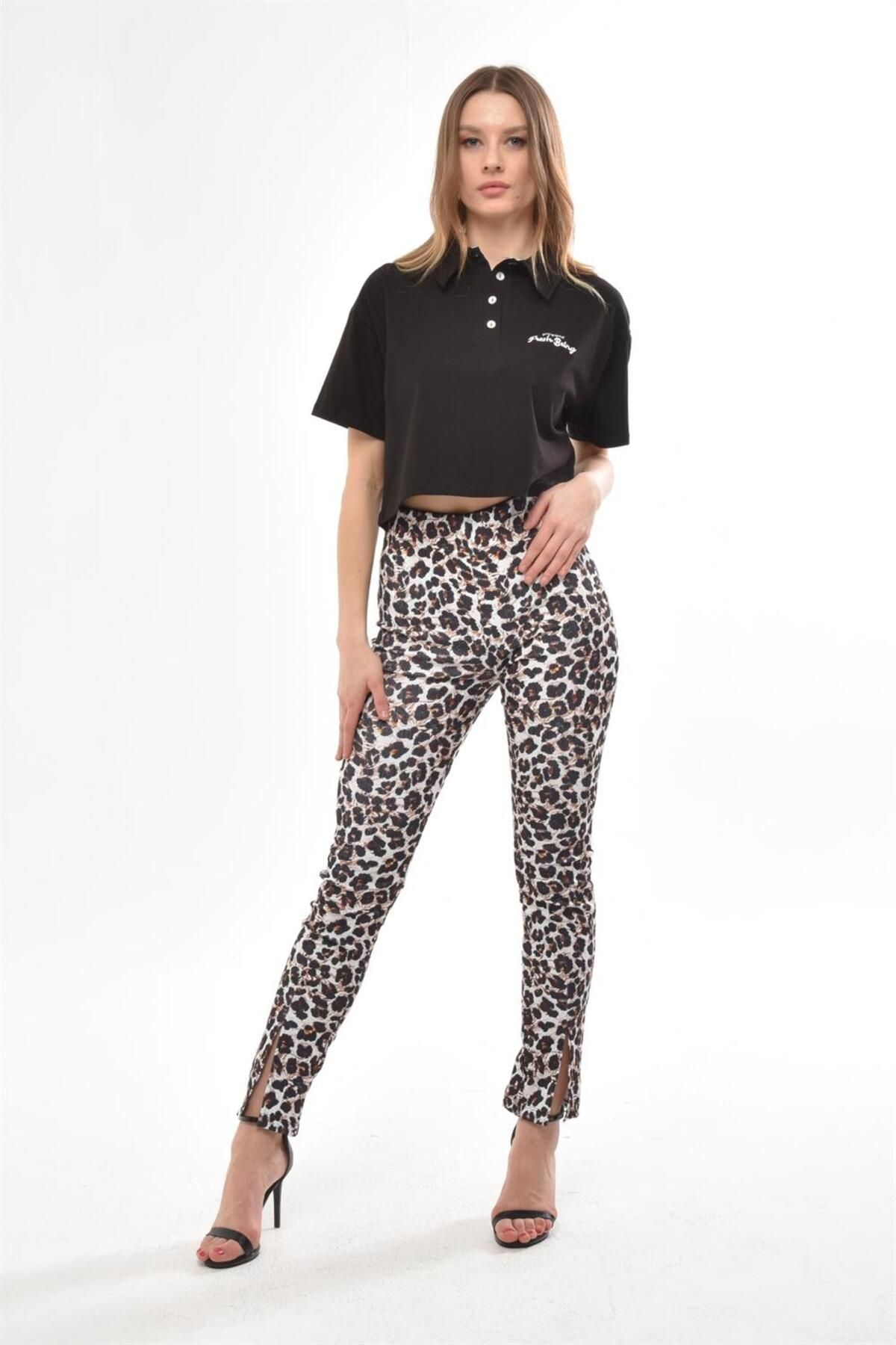 TF The Fancy For You Fancy Kadın Yırtmaç Detaylı %100 Polyester Desenli Yüksek Bel Pantolon