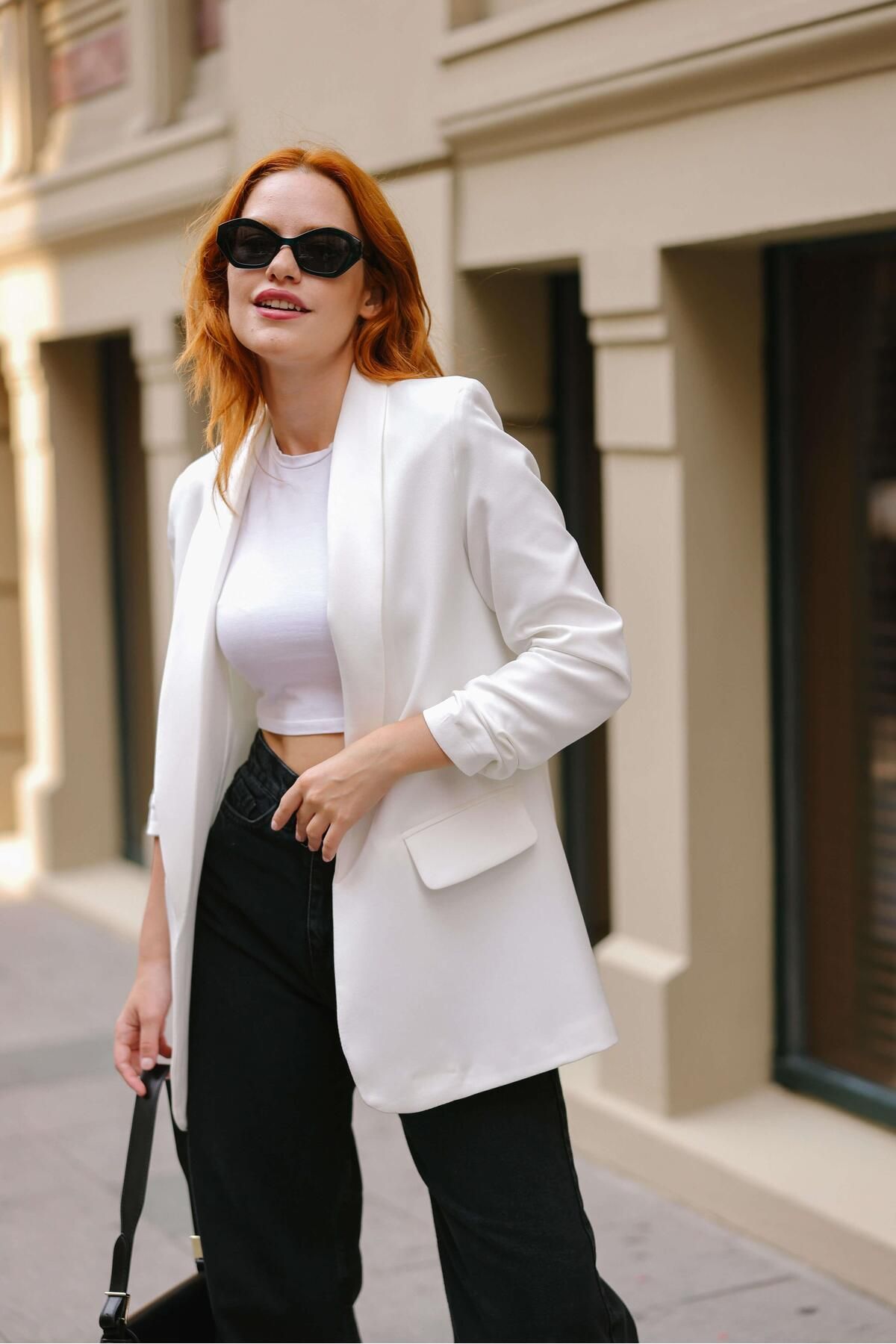Sue Store Beyaz Kolu Büzgülü Astarlı Vatkalı Blazer Ceket