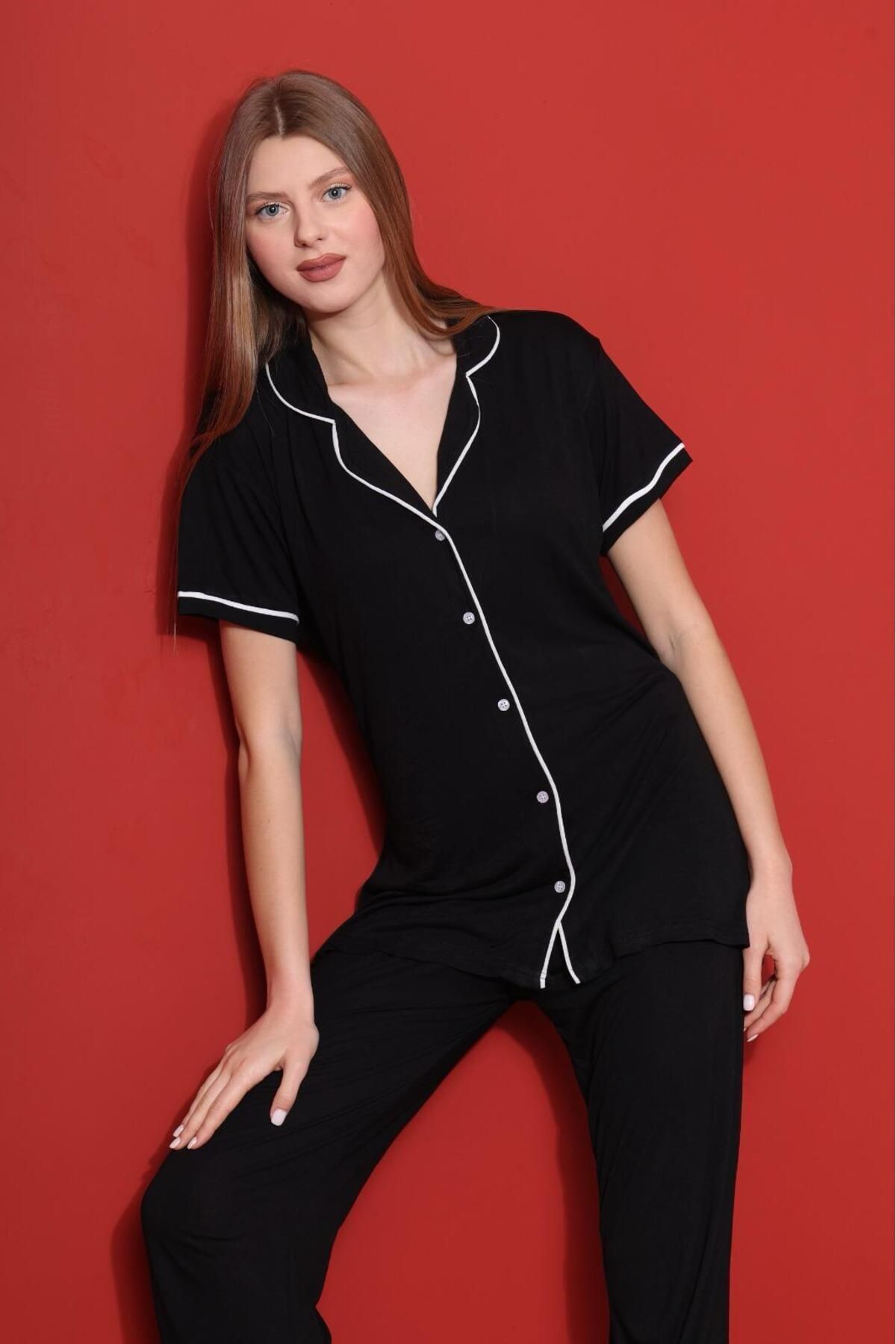Meba Victoria Siyah Önden Düğmeli Kısa Kol Penye Pijama Takımı