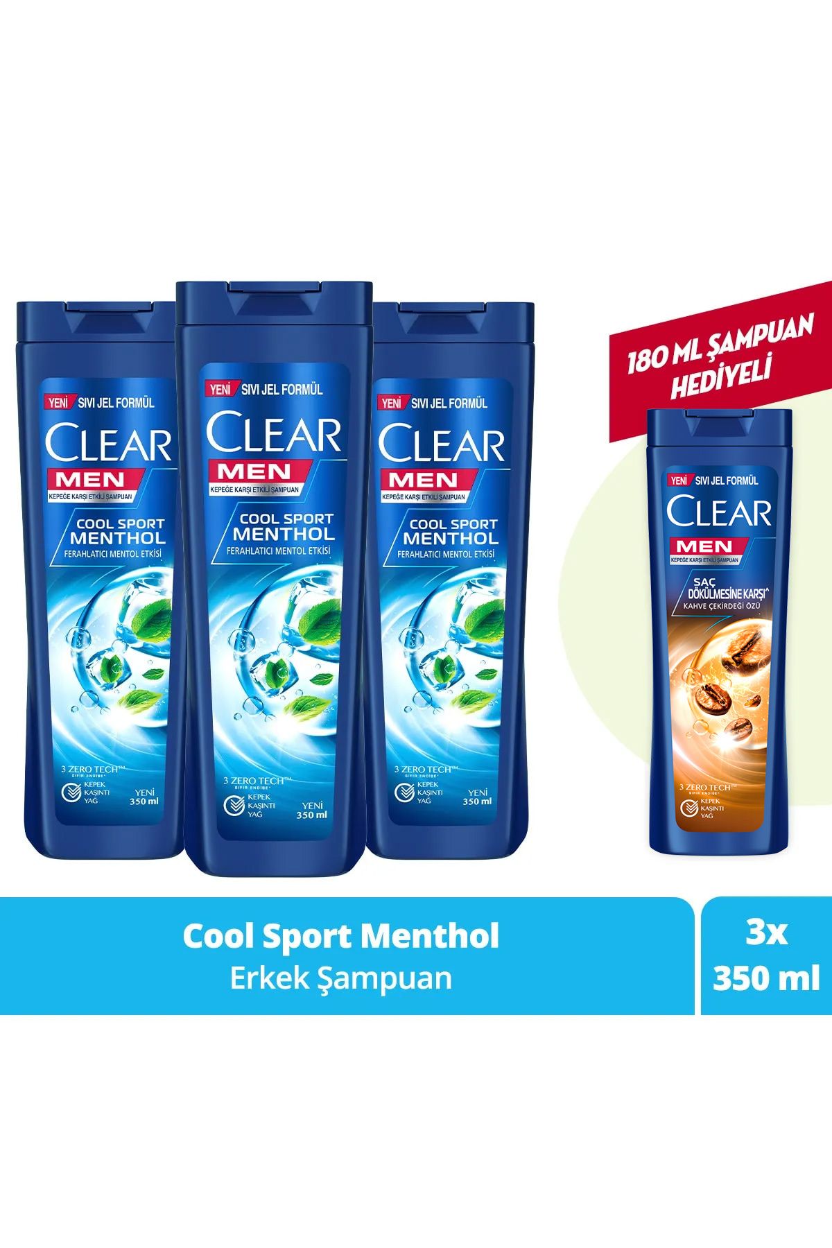 Clear Men Kepeğe Karşı Şampuan Cool Sport Menthol Ferahlatıcı Mentol Etkisi 350 ml X3