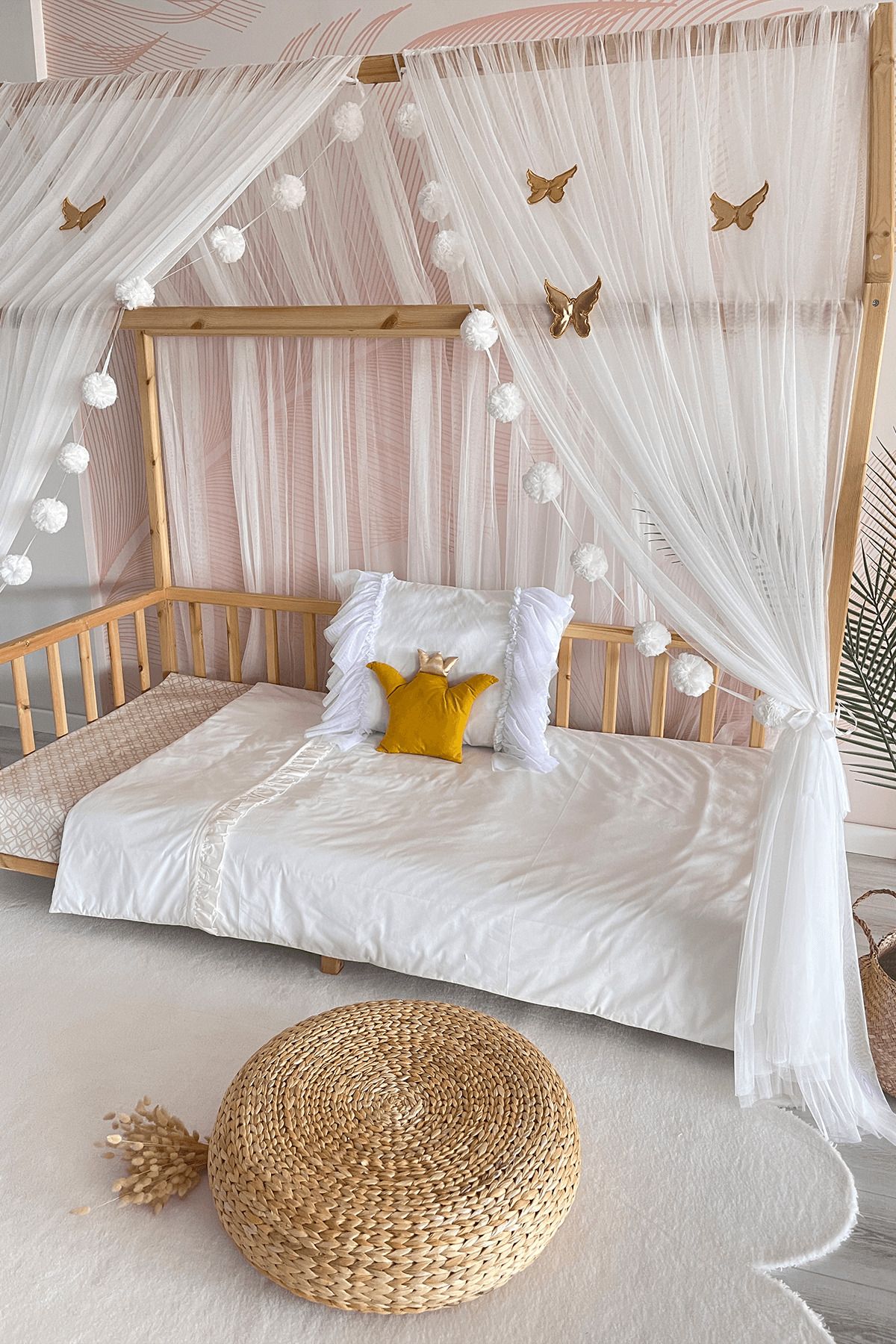 Miniden Beyaz Montessori Yatak Cibinlik Çift Perdeli Tül Yatak Cibinliği Sineklik Çocuk Odası Gölgelik