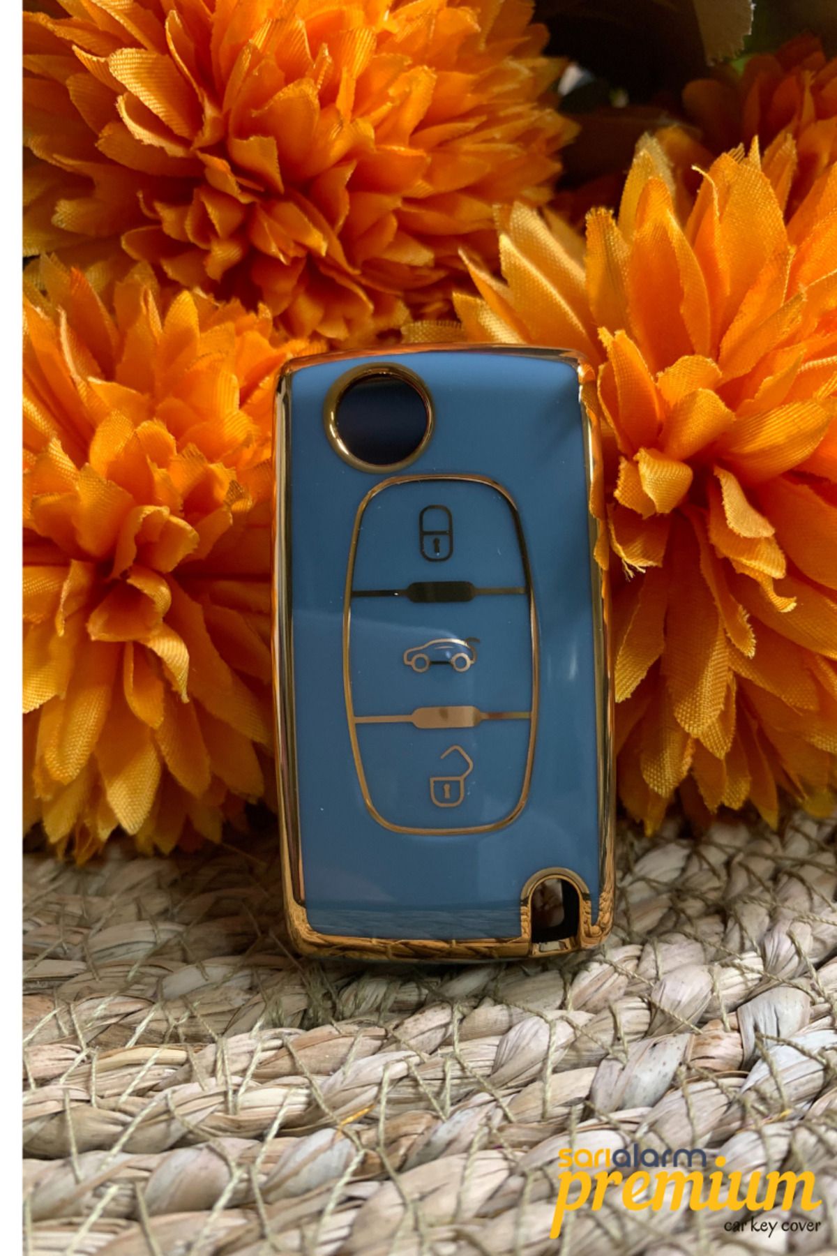 Sarı Alarm Premium Peugeot Citroen 3 Buton Sustalı Gri Oto Anahtar Kumanda Kabı Kılıfı