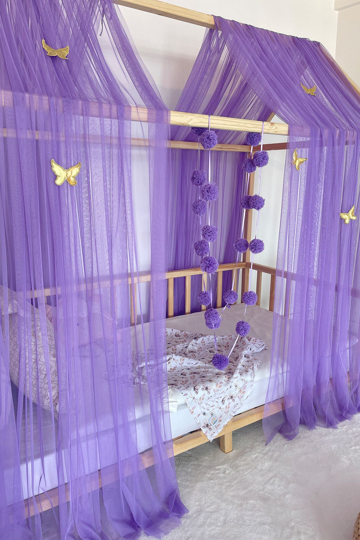 Miniden Lila Montessori Yatak Cibinlik Çift Perdeli Tül Yatak Cibinliği Sineklik Çocuk Odası Gölgelik