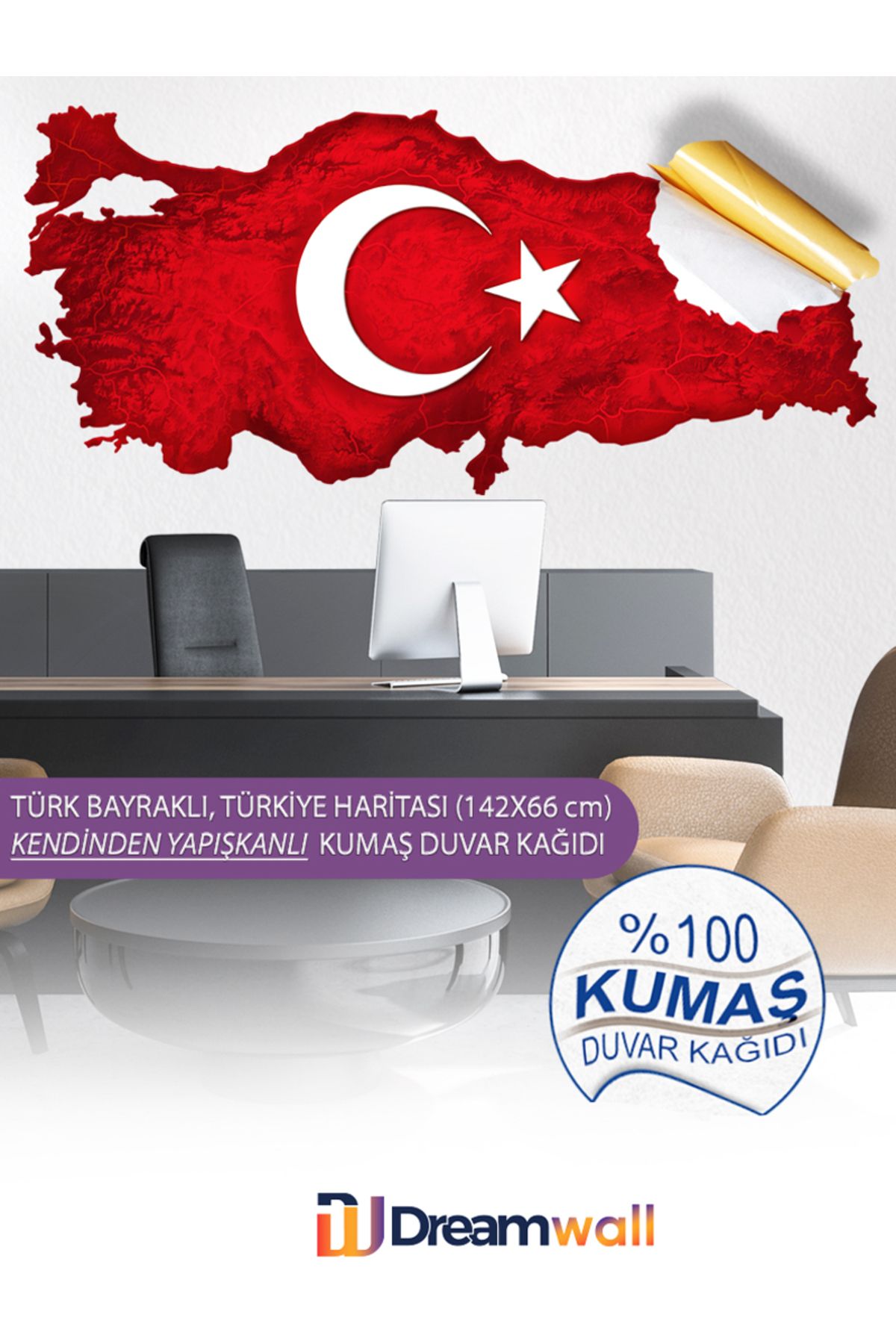 dreamwall Türkiye Haritası, Türk Bayrağı Kendinden Yapışkanlı Duvar Kağıdı