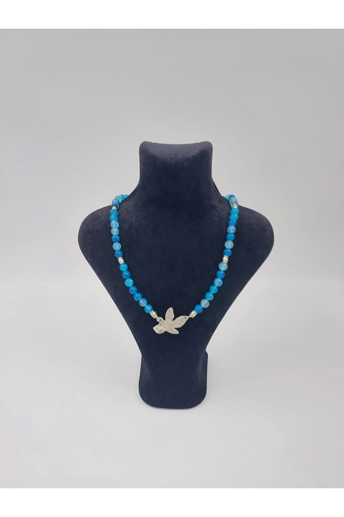 RIG Handmade Design Bir Özgürlük Masalı Mavi Akik Doğaltaş Kuş ve Yavrusu Kolye