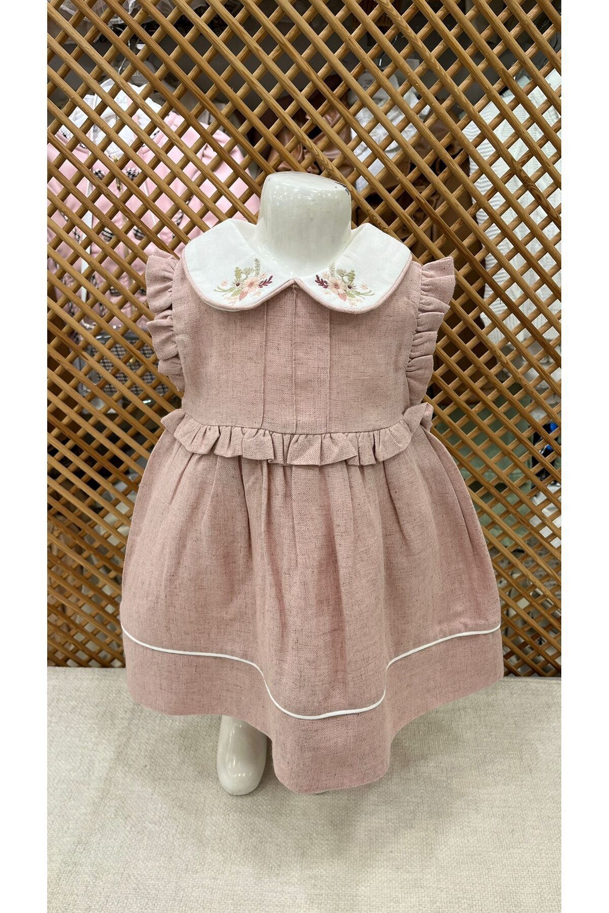 PARK BEBE Miomini kız bebek bebe yaka çiçek işleme desenli keten elbise