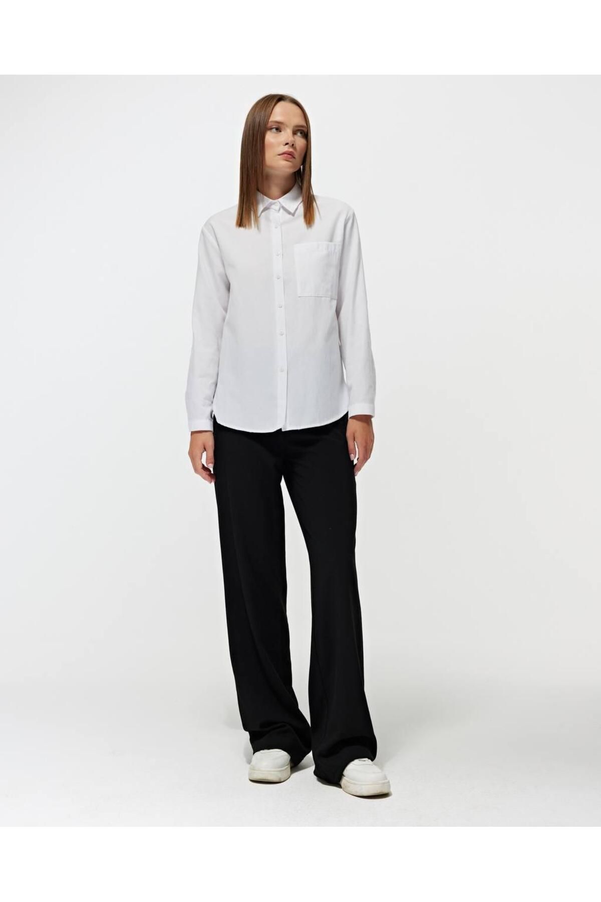 Mixray Kadın Beyaz %100 Pamuk  Cep  Detaylı Gömlek