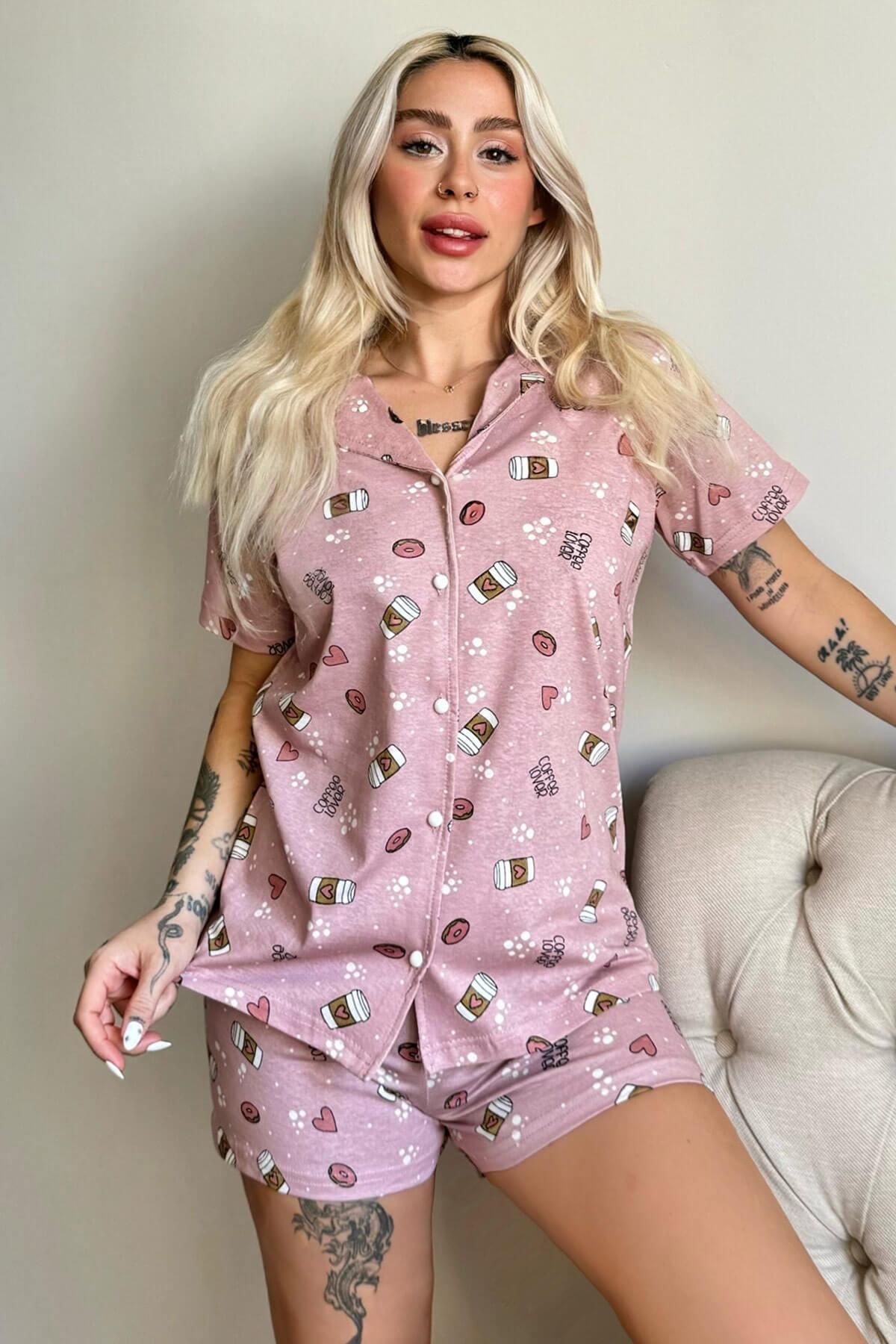 Pijamaevi Donut Coffe Önden Düğmeli Şortlu Kısa Kollu Kadın Pijama Takımı
