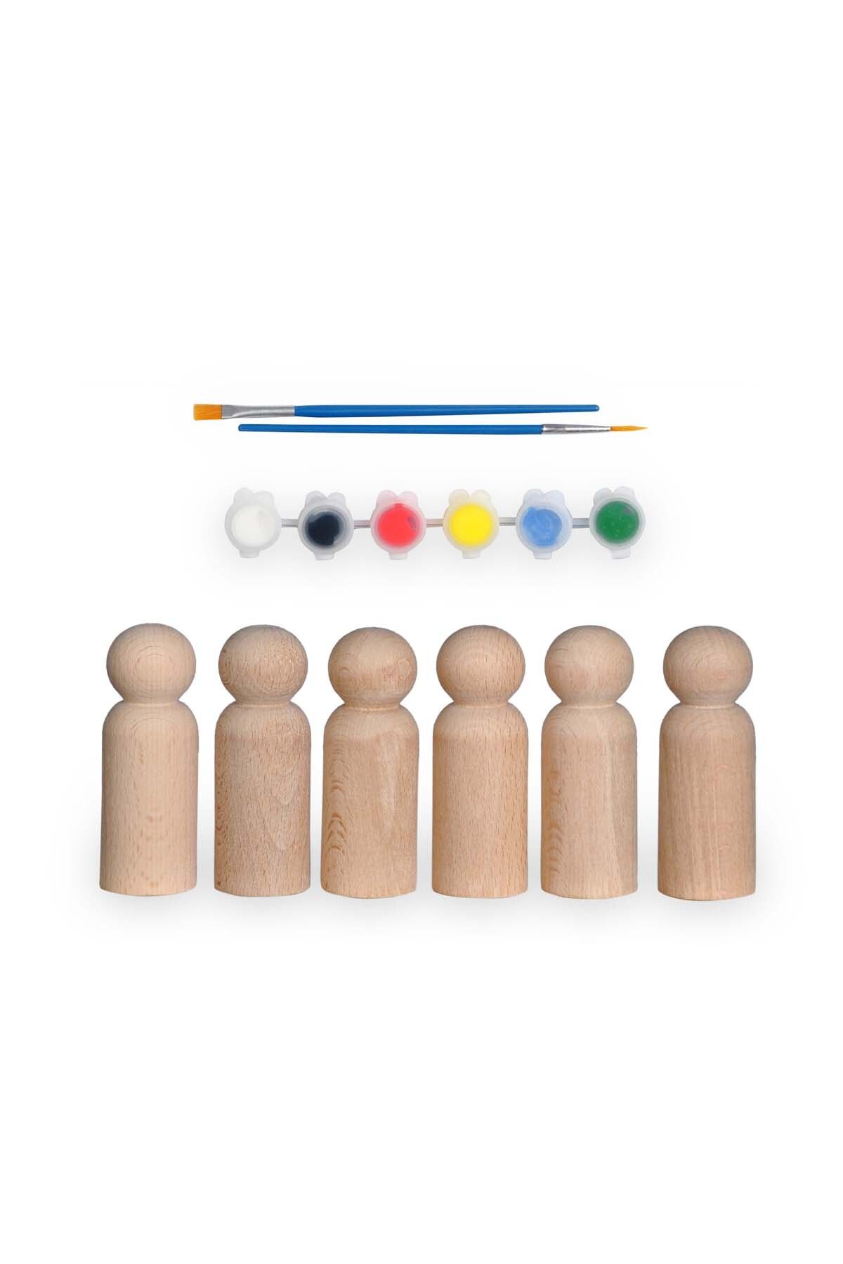 ALGWOOD Montessori Toys Ahşap El Yapımı Peg Bebek 6'lı Boyama Seti Fırça Boya Dahil -peg6-9,5cm