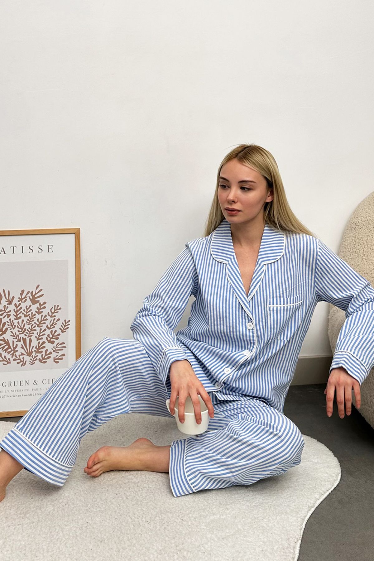 Trend Alaçatı Stili Kadın Mavi Tek Cepli Biyeli Çizgili Dokuma Pijama Takım Alc-X11659