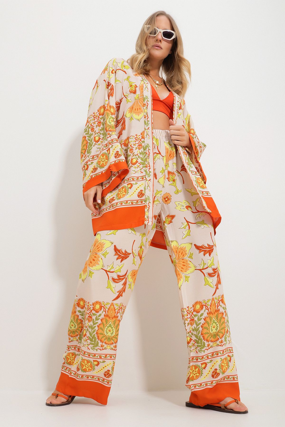 Trend Alaçatı Stili Kadın Turuncu Kimono Ceket Ve Palazzo Pantolon Takım Alc-X11594