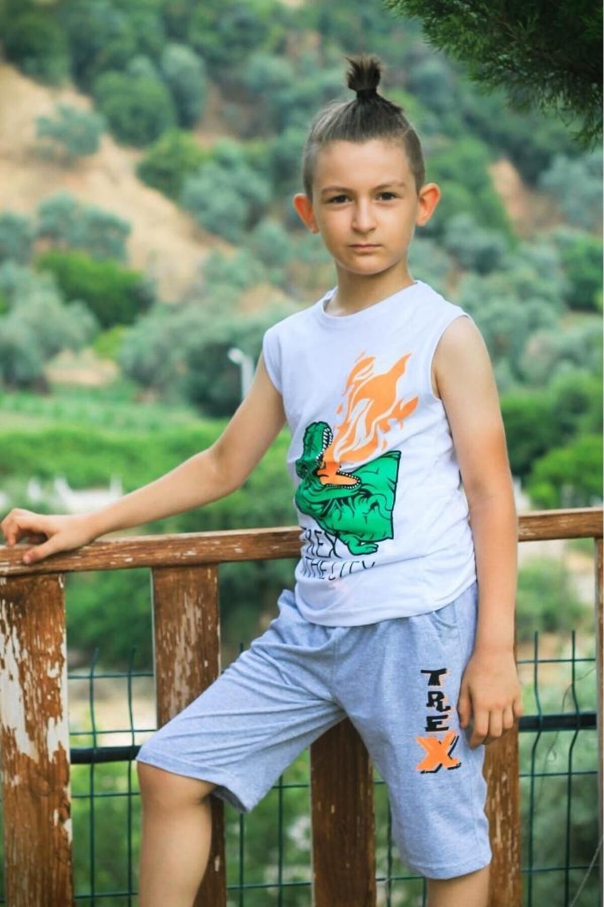 Çiggo Kids Alevli T-rex Baskılı Kolsuz Bisiklet Yaka Pamuklu Erkek Çocuk Penye T-shirt