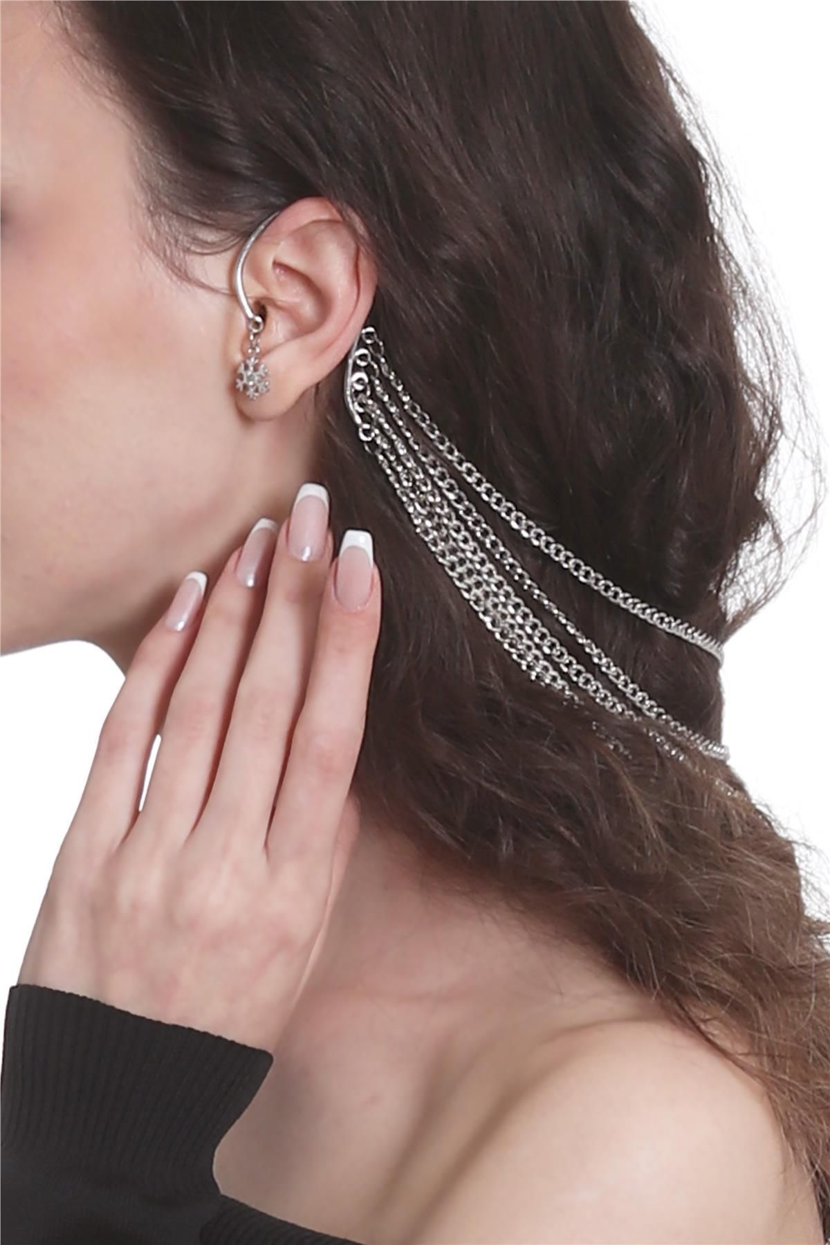 LABALABA Kadın Lak Gümüş Renk Kaplama Kartanesi Charmlı Tasarım Saç Zinciri & Saç Kolyesi