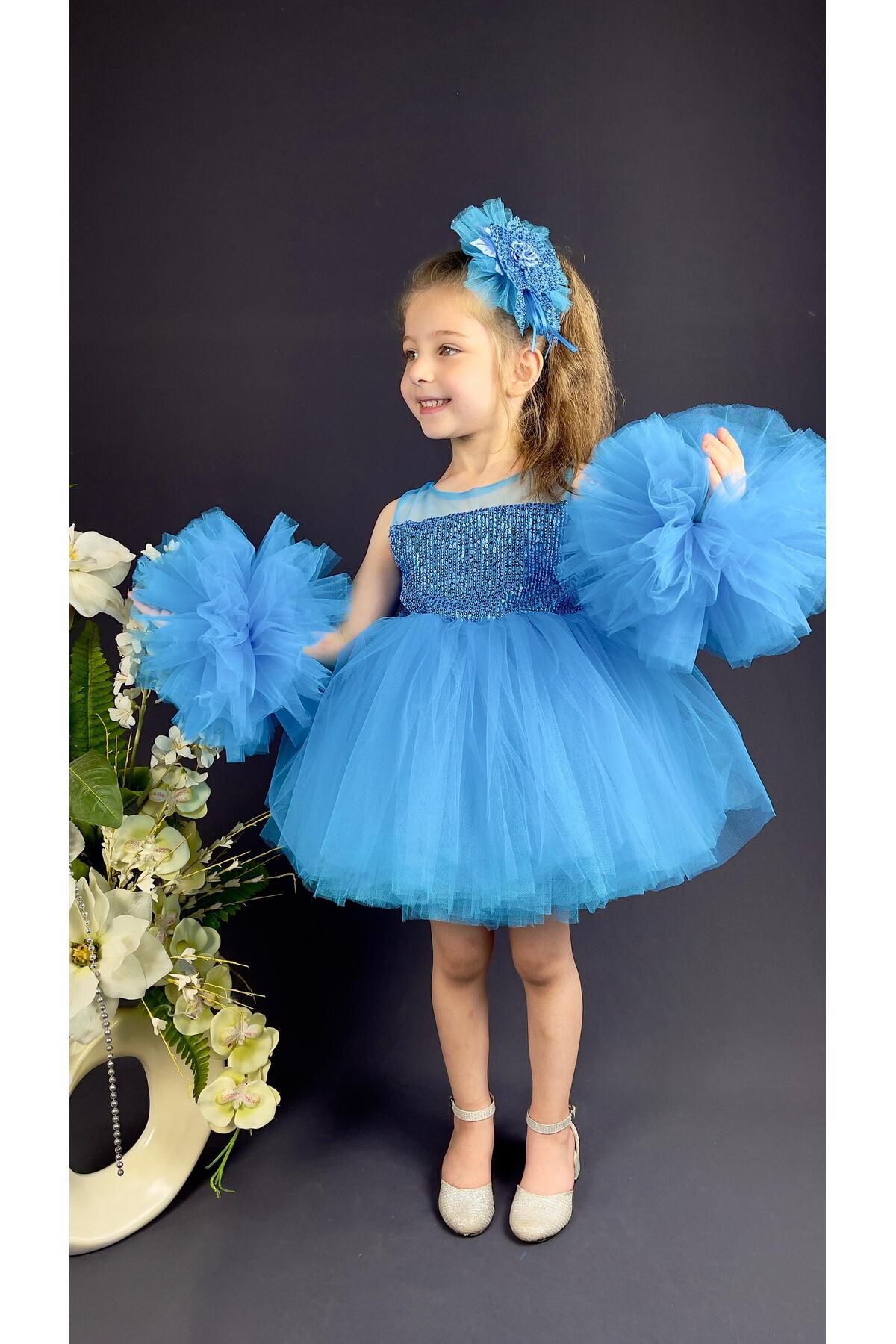 magu Kız Çocuk Mavi Pon Pon Kollu Tütü Etekli Elbise