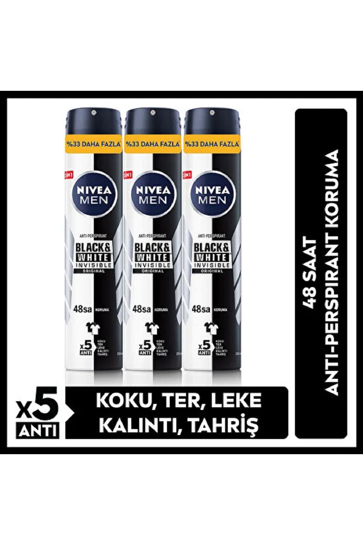 NIVEA Men Black&white Invisible Erkek Sprey Deodorant 200 ml X 3 Adet