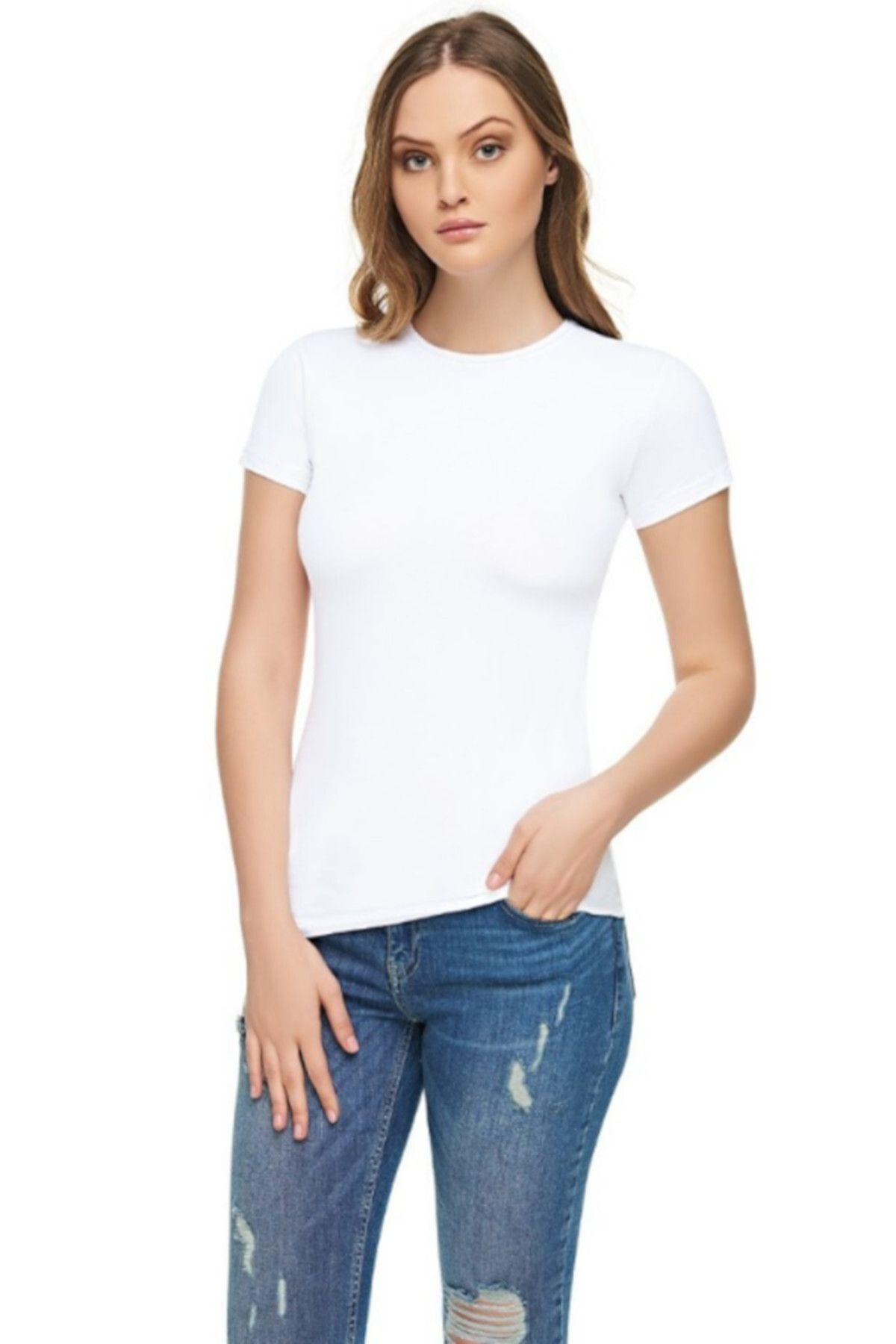 Tutku Elit Kadın Beyaz 3'Lü Paket Sıfır Yaka Likralı  T-shirt