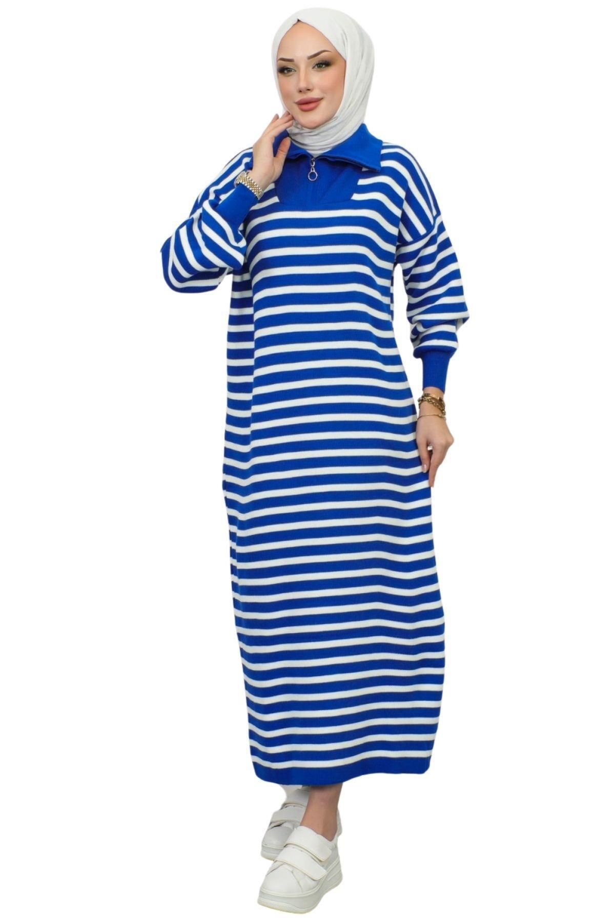 butikburuç Kadın Saks Mavi Yakası Fermuarlı Çizgili Triko Elbise