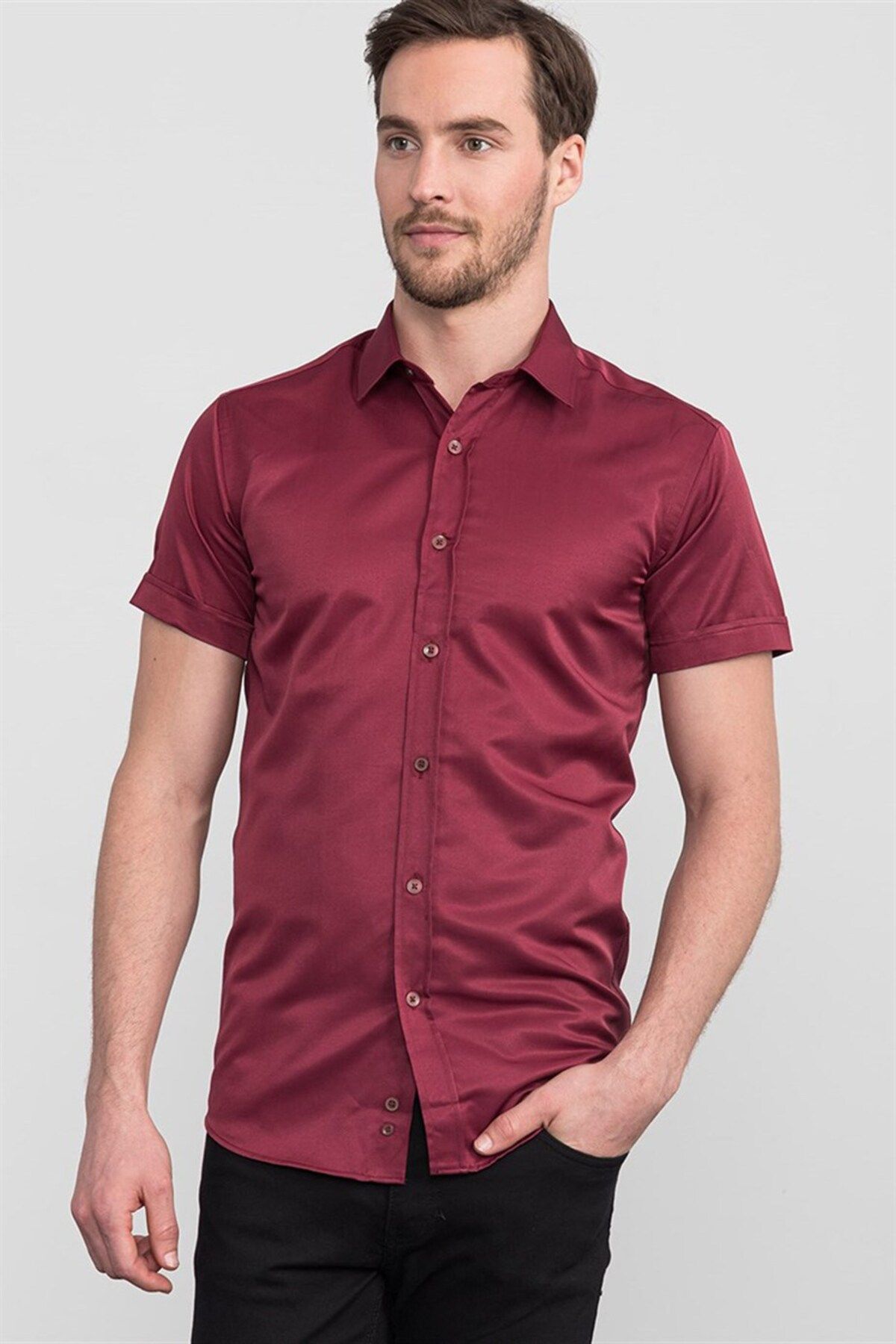Tudors Modern Slim Fit Kısa Kol Düz Saten Erkek Bordo Gömlek