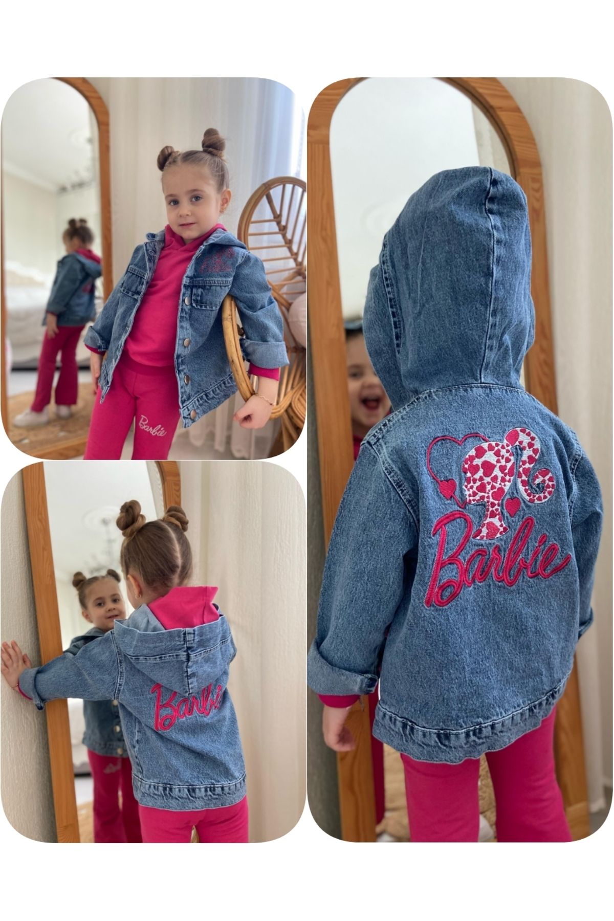 CENGO KIDS COCUK GIYIM Barbie Kız Çocuk Kapüşonlu Kot Mont Ceket