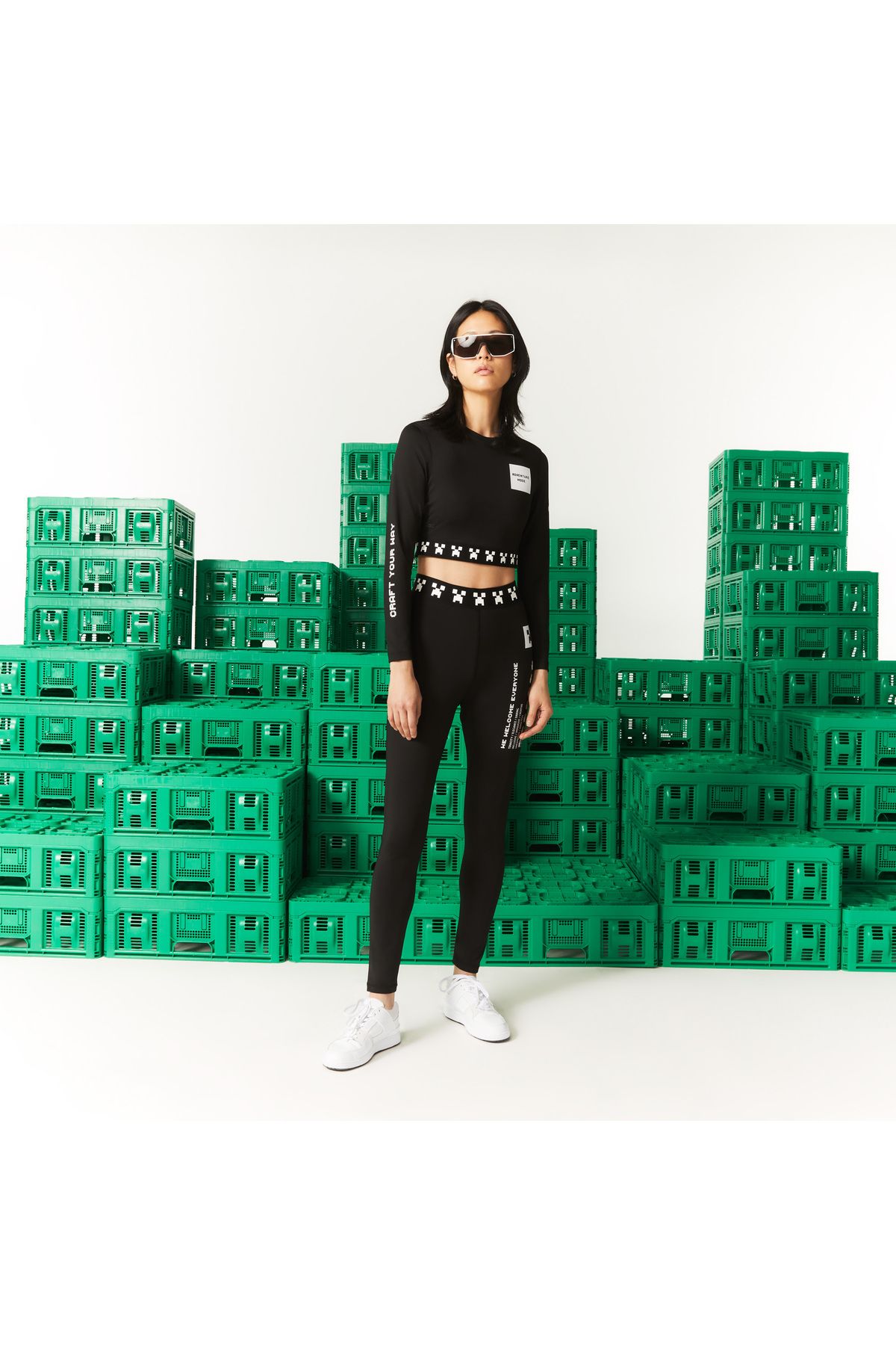 Lacoste X Minecraft Kadın Slim Fit Baskılı Siyah Tayt