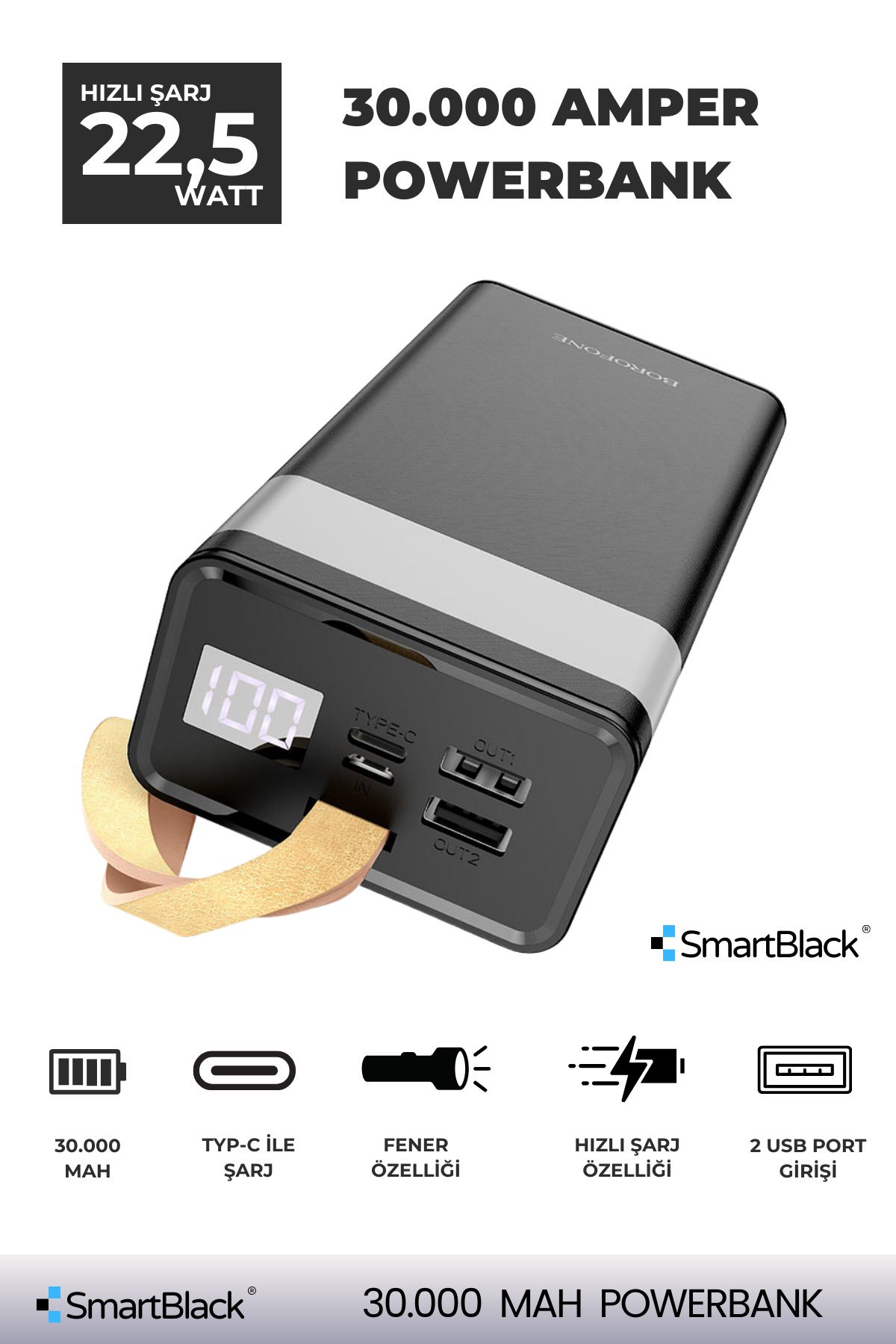 SmartBlack 30.000 Mah Hızlı Şarj Dijital Göstergeli Dahili Fenerli Powerbank,Siyah,Taşınabilir Şarj Cihazı