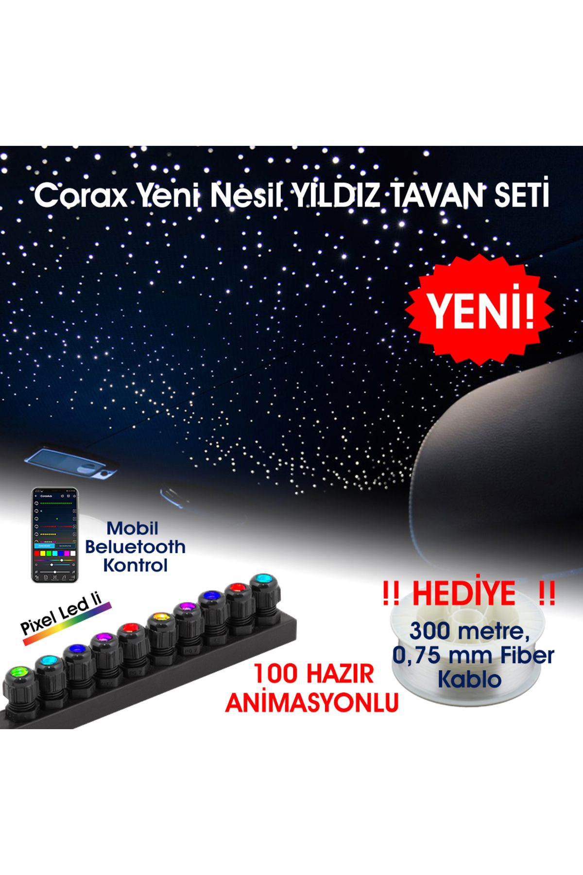 coraxads Fiber Optik Aydınlatma Seti - Uygulamaya Hazır Kit, 10 Çıkışlı Modül 300 Mt 0.75mm Fiber Kablo