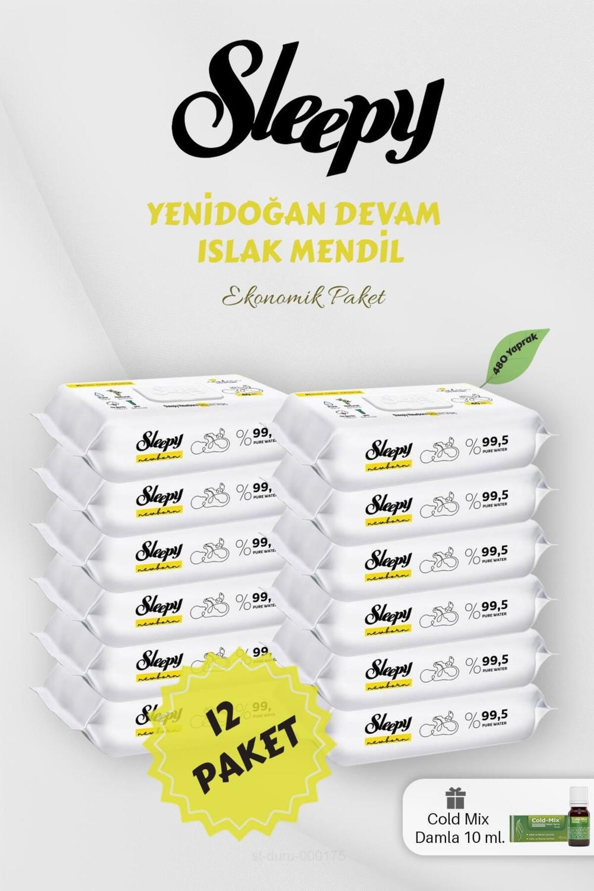 Sleepy Yenidoğan Devam 40' lı Islak Mendil 12 Paket Yeşil Cold Mix Hediyeli