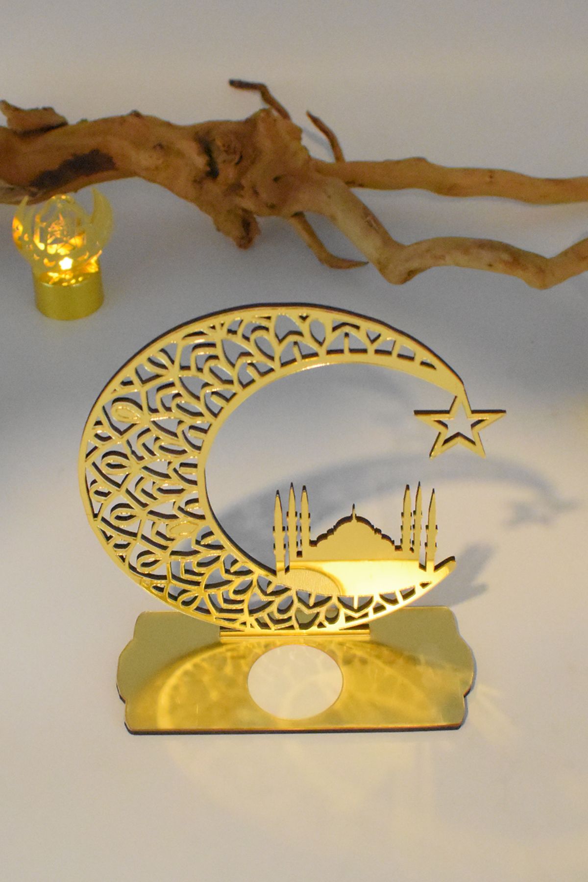 Waldern Ramazan Ayına Özel Dekoratif Pleksi Mumluk Cami Süs 18x16cm Gold