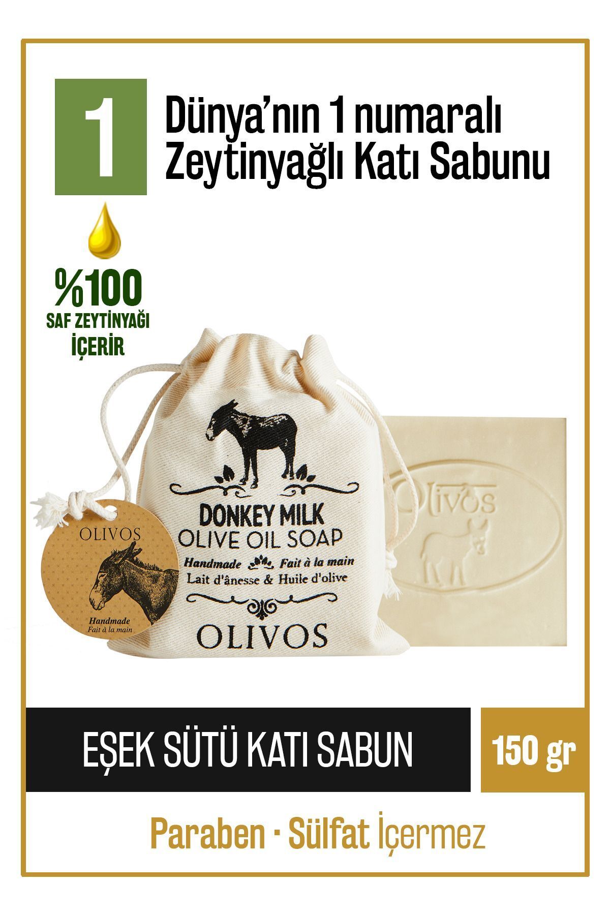 Olivos %100 Doğal Eşek Sütü Ve Zeytinyağlı Katı Sabun Eşek Sütlü El Sabunu Yoğun Nemlendirici 150 Gr