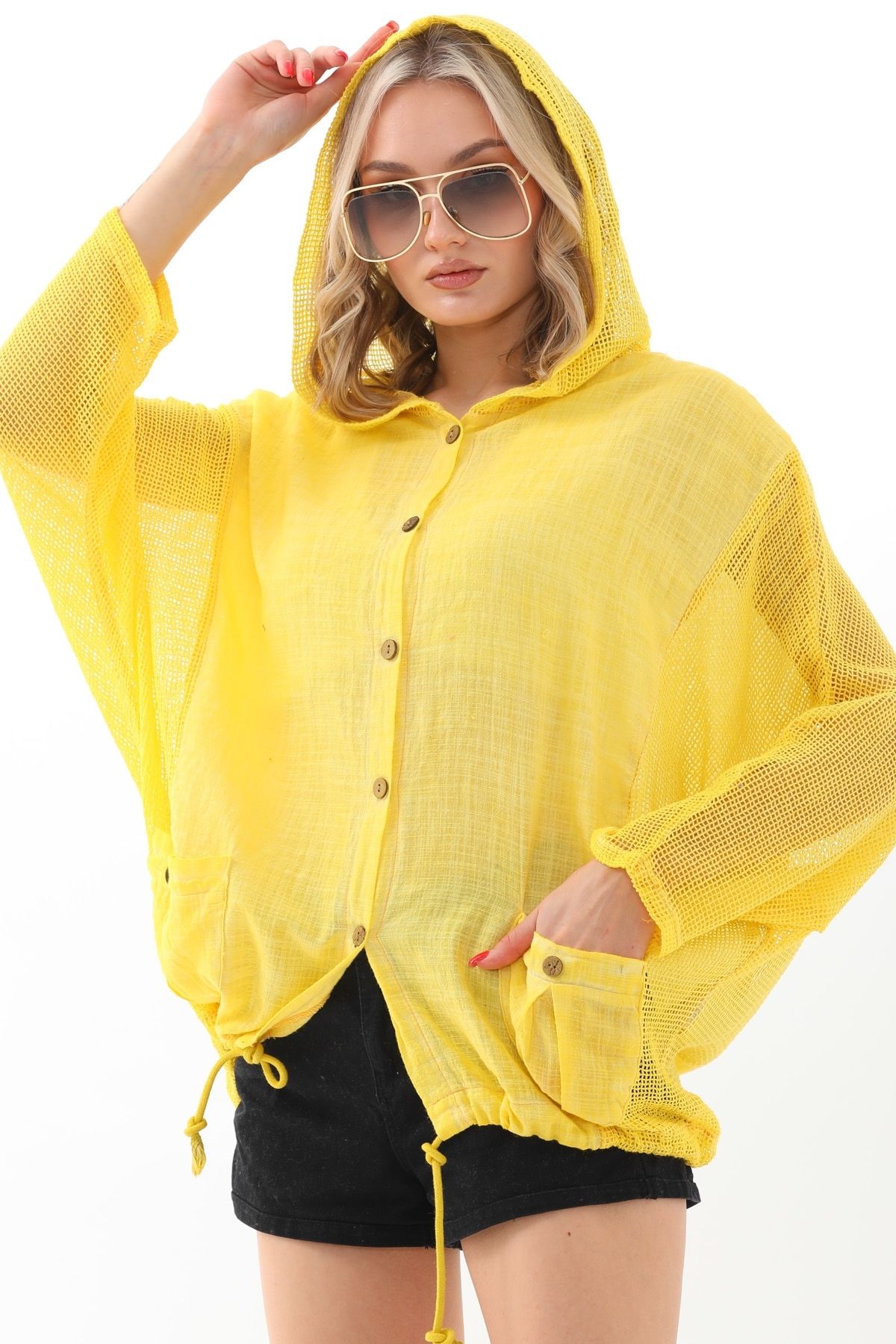 Chiccy Sarı Çift Cepli Yıkamalı Pamuklu Dokuma Geniş Kesim Kapüşonlu Ceket