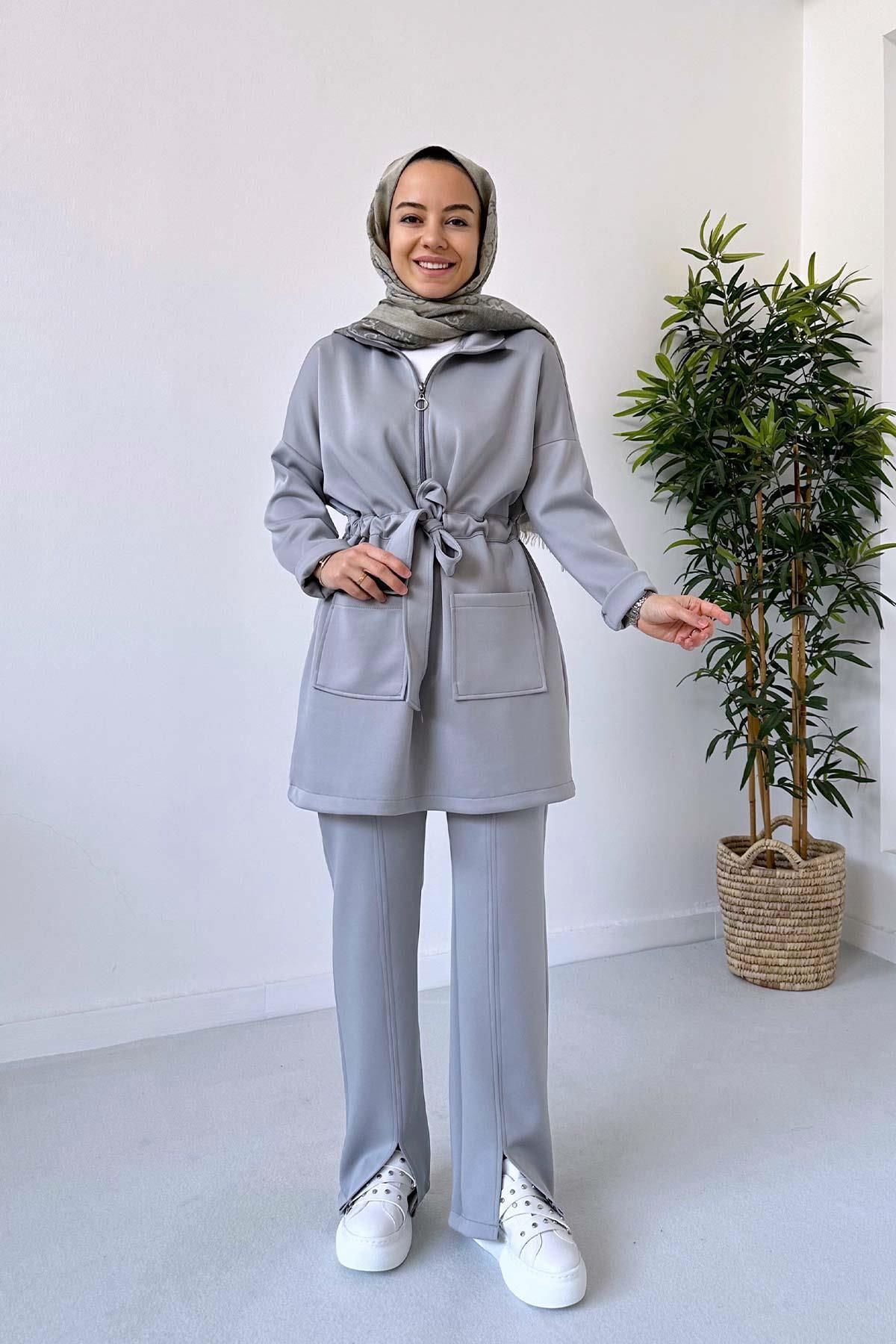 Ka Hijab Yırtmaç Detay Çift Cep Scuba Takım - Gri