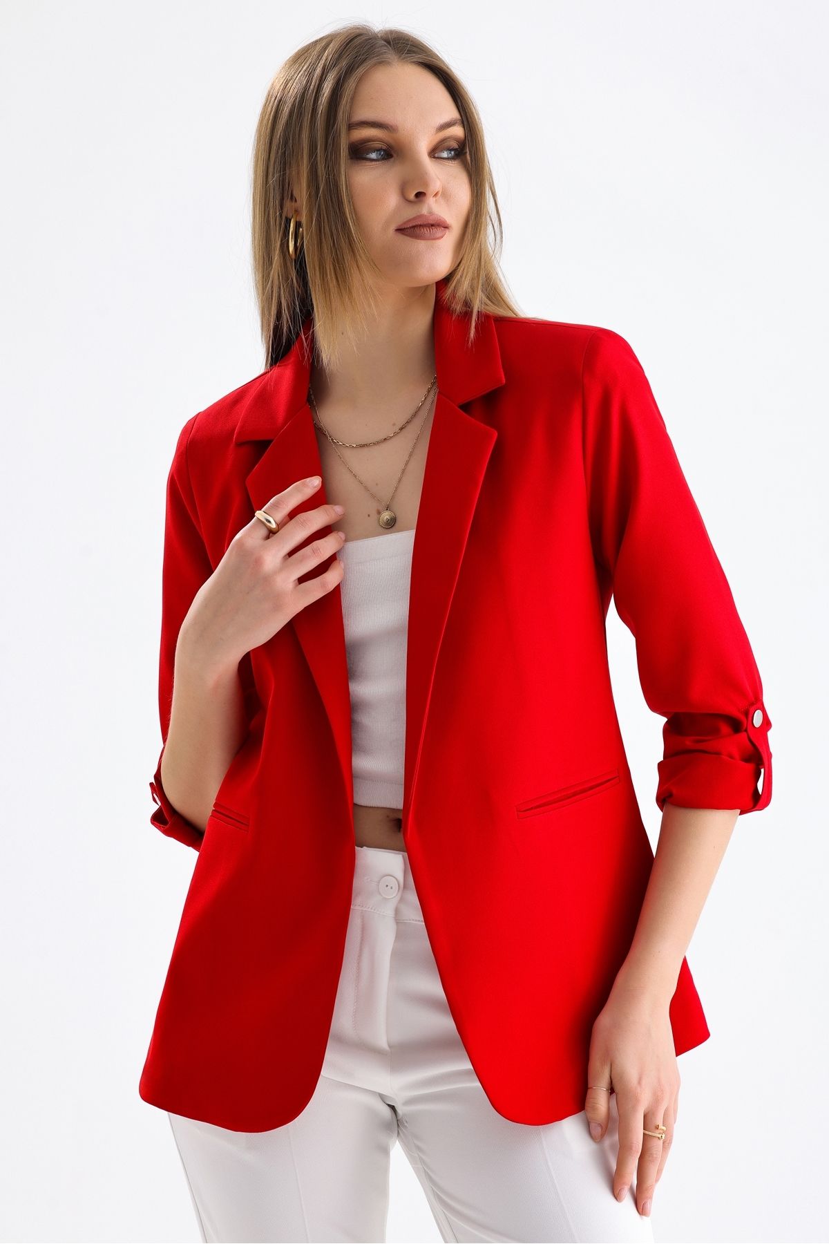 MD trend Kadın Kolu Katlanabilir Omuz Vatkalı Astarlı Kruvaze Blazer Ceket