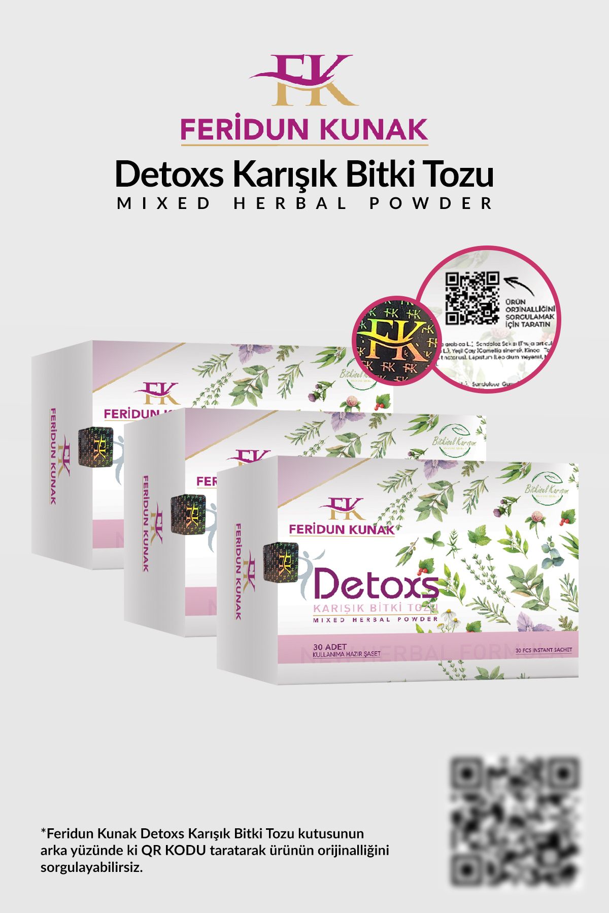 Feridun Kunak 3 Adet - Detoxs Çayı 90 Günlük Kullanım 450g