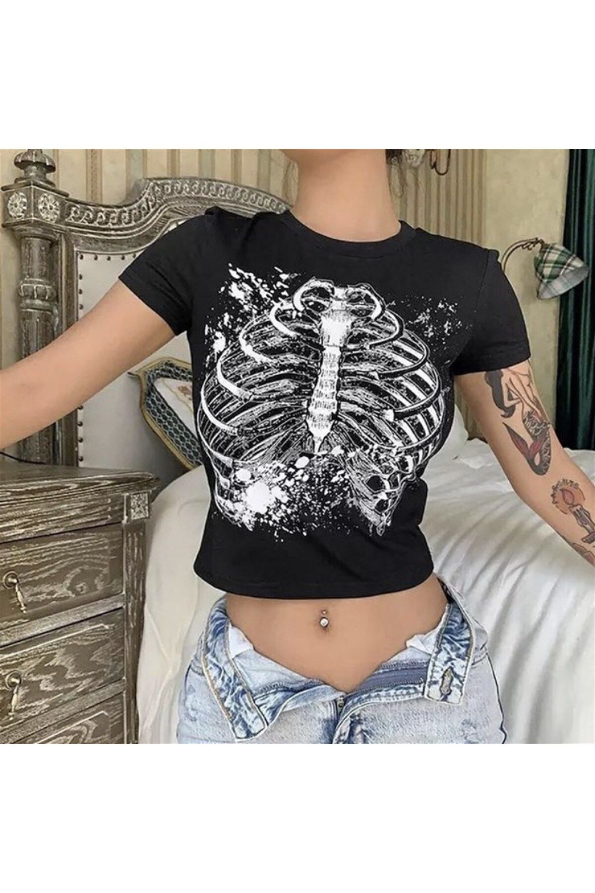 Köstebek Gothic Skeleton Cage Yarım Kadın T-shirt