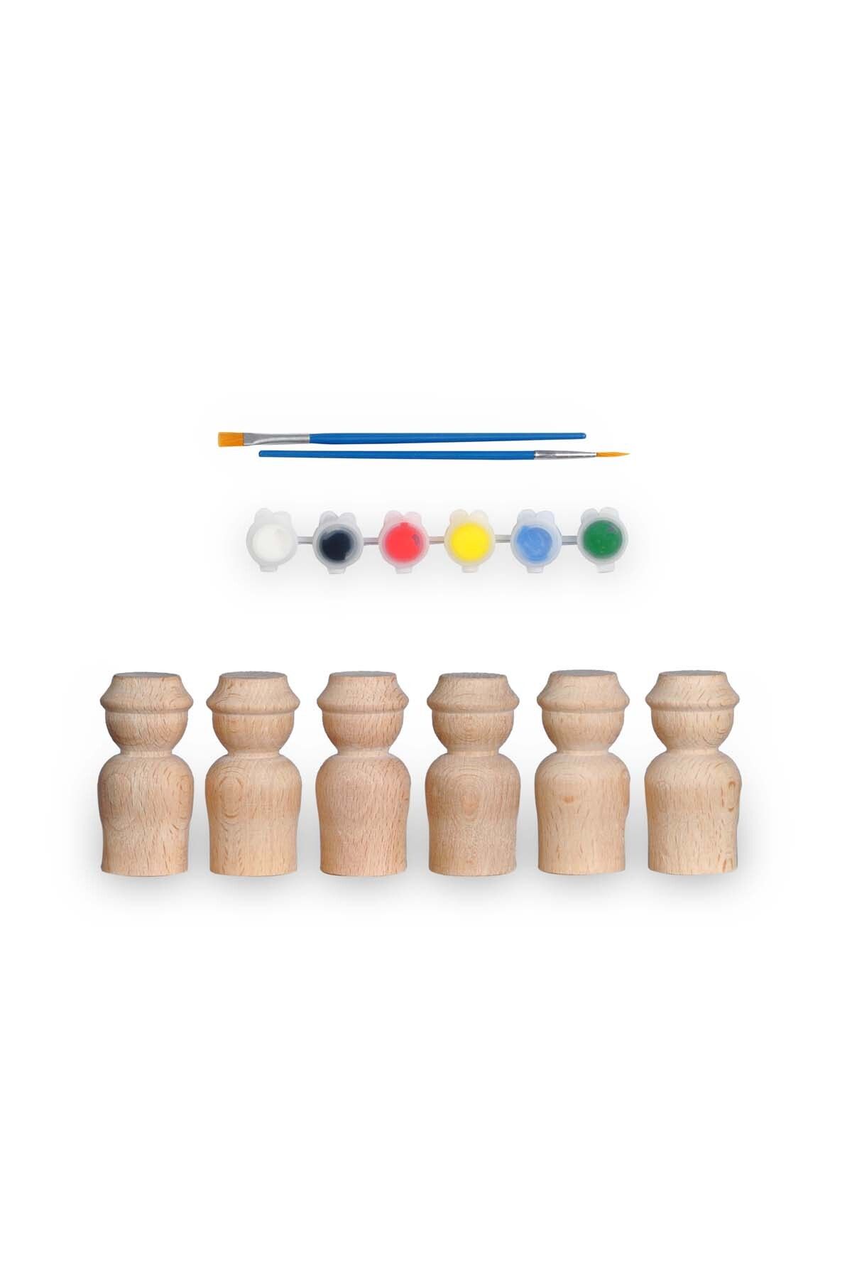 ALGWOOD Montessori Toys Ahşap El Yapımı Peg Bebek 6'lı Boyama Seti Fırça Boya Dahil -Peg2