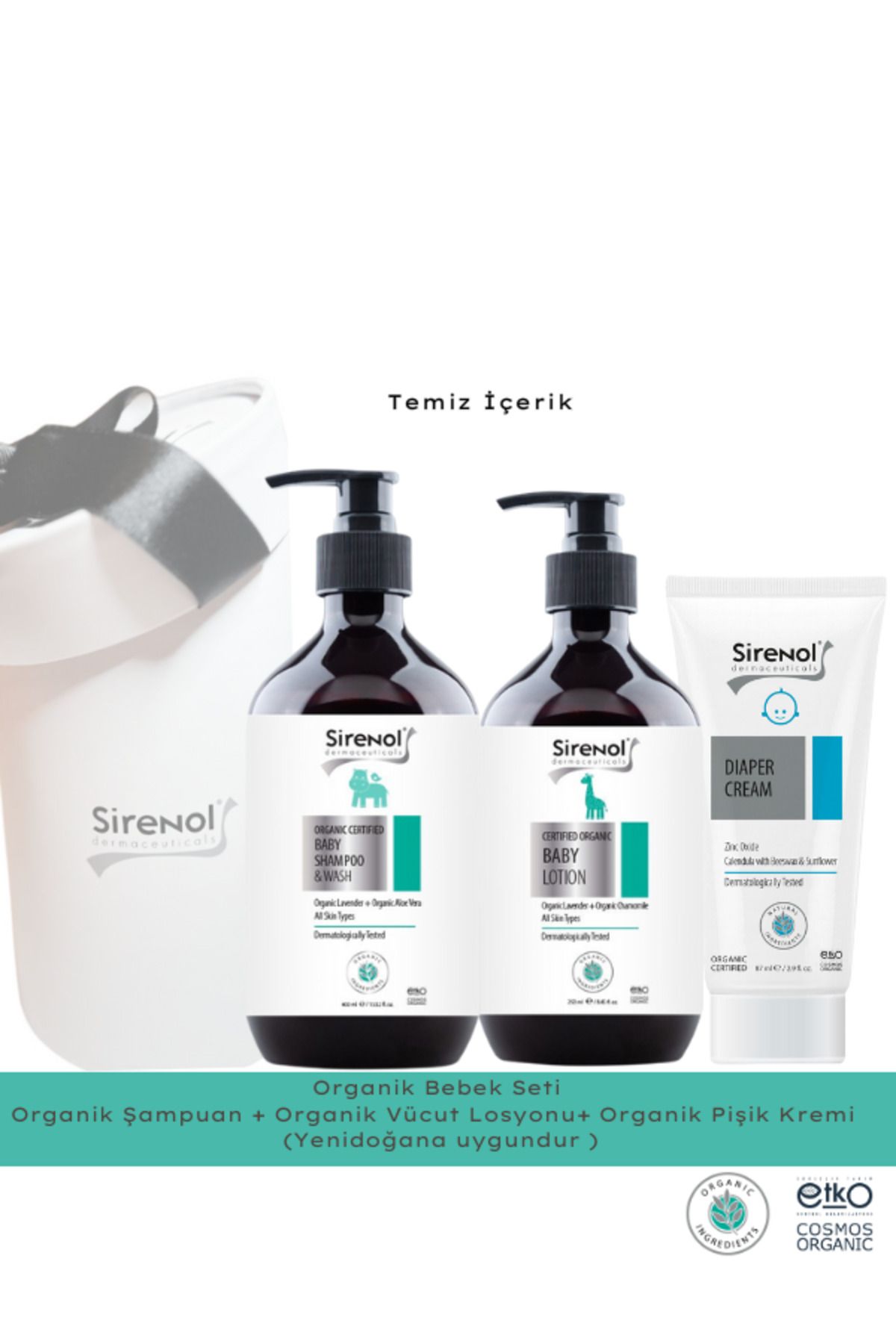 Sirenol Organik 3'lü Bebek Bakım Seti -(Şampuan +Vücut Losyonu + Pişik Kremi ) 400 mL /250 mL /87 mL