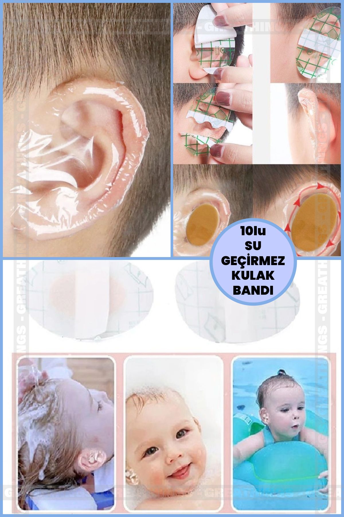 Greathings 10lu Paket Su Geçirmez Yapışkanlı Kulak Koruyucu Bant Bebek Banyo Yüzme Kulak Bandı
