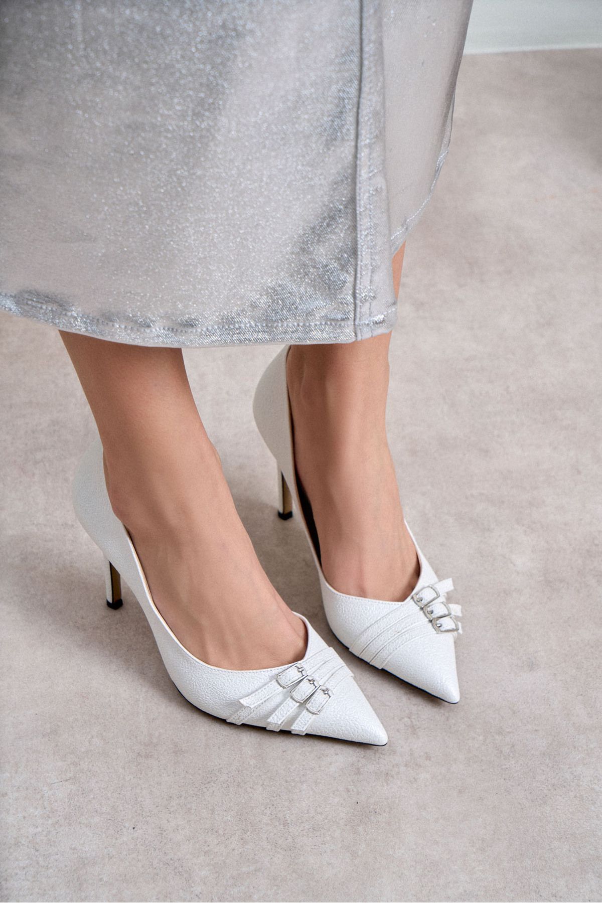 NİŞANTAŞI SHOES Smarty Sedef Desenli Kemer Detay Kadın İnce Topuklu Ayakkabı