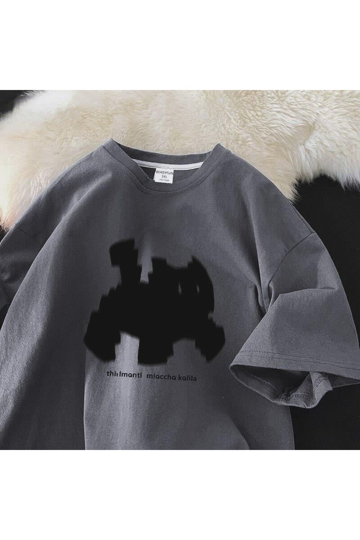 Gofeel Cat Text Detaylı Oversize Unisex Siyah T-shirt