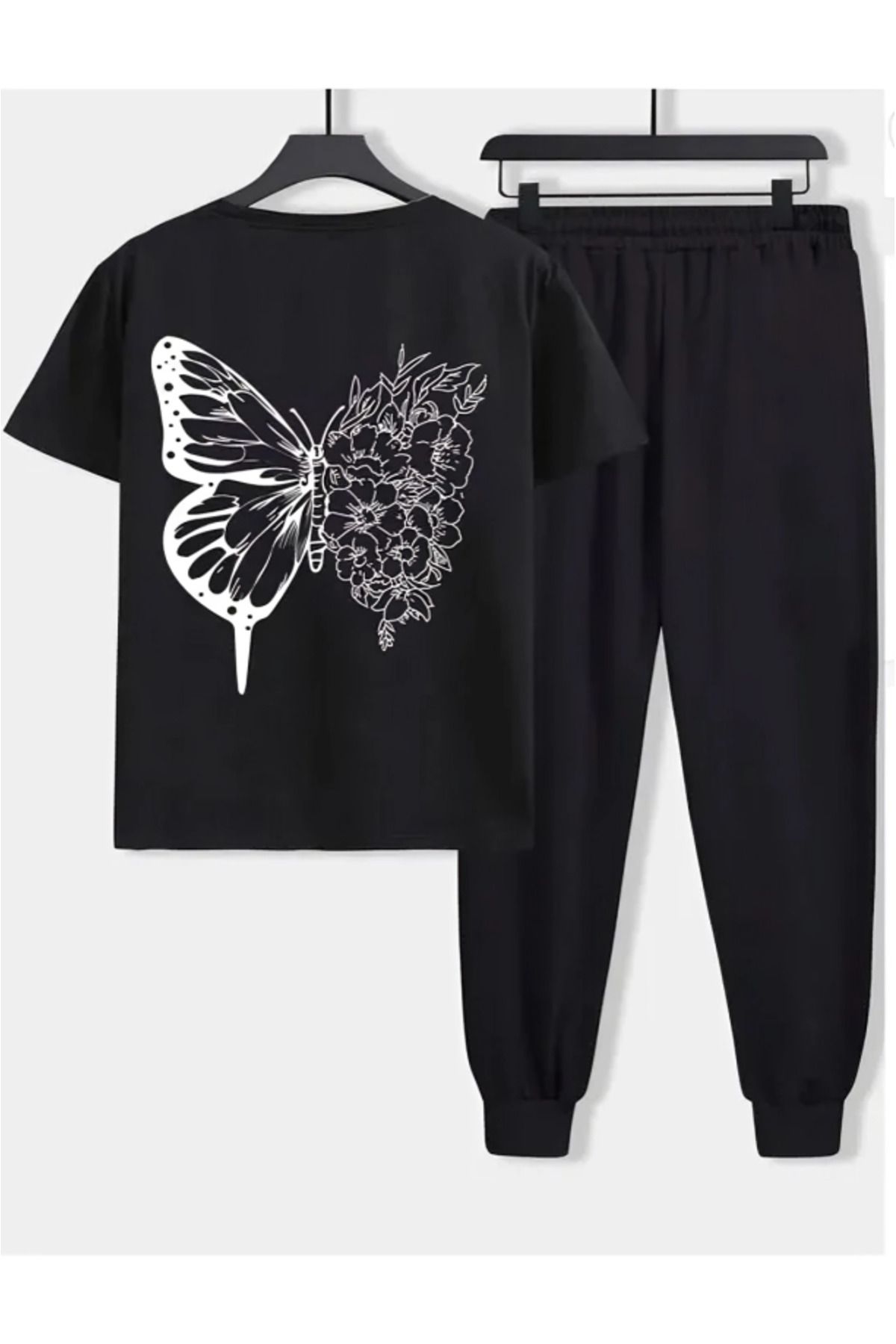 Modern Moda Butterfly Eşofman Altı T-shirt - Siyah Jogger Tişört Alt Üst Eşofman Takımı Oversize Bisiklet Yaka