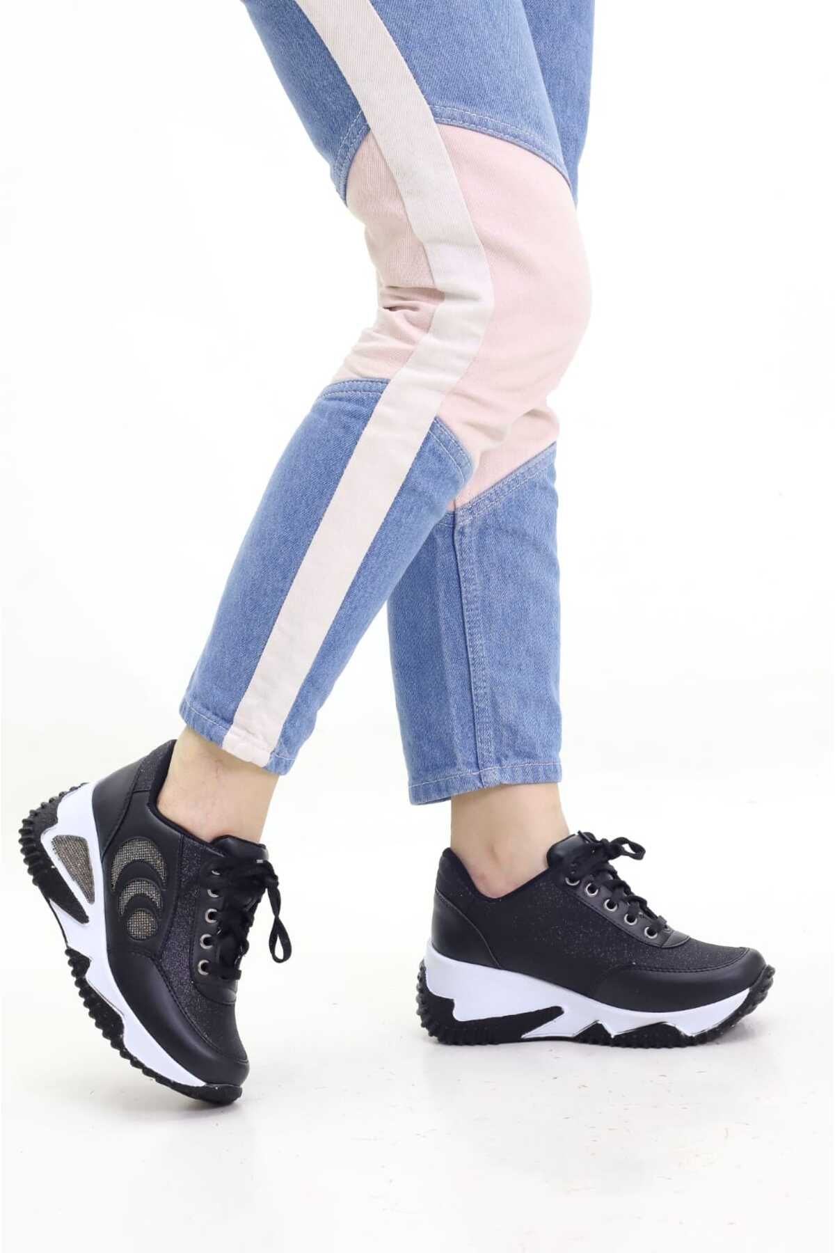Weynes Kadın Siyah Simli Taşlı Gizli Topuk Spor Ayakkabı Wsb0726
