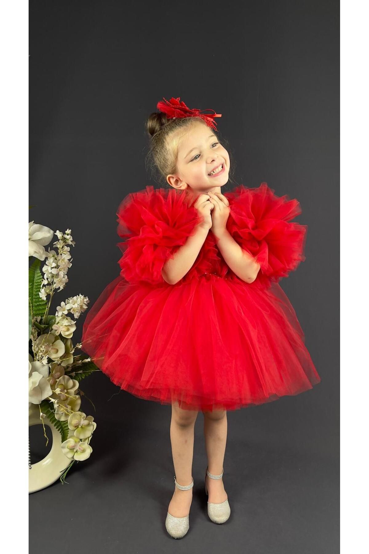 magu Kız Çocuk Kırmızı Pon Pon Kollu Tütü Etekli Elbise