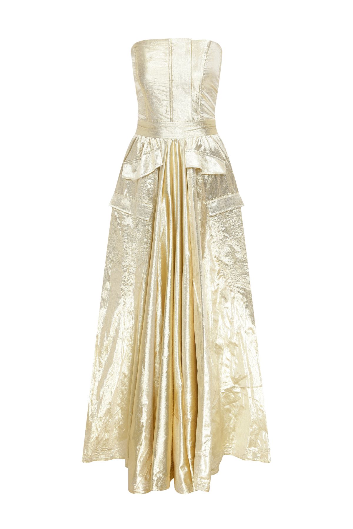 Mert Erkan Cep Detaylı Gold Parlak Straplez Maxi Elbise