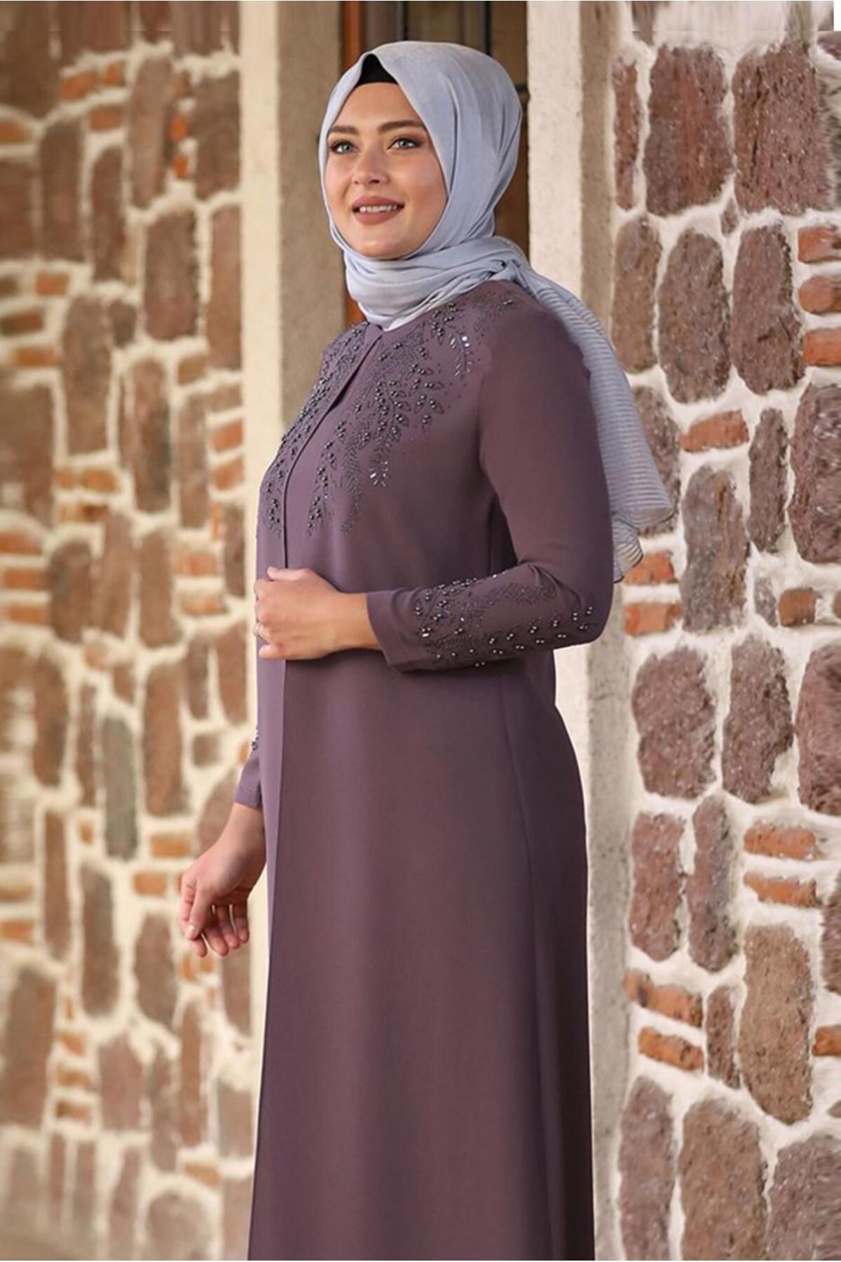 TRENDTESETTÜR Kadın Pembe (GÜL KURUSU) Boncuk Işlemeli Abiye Elbise T 7221