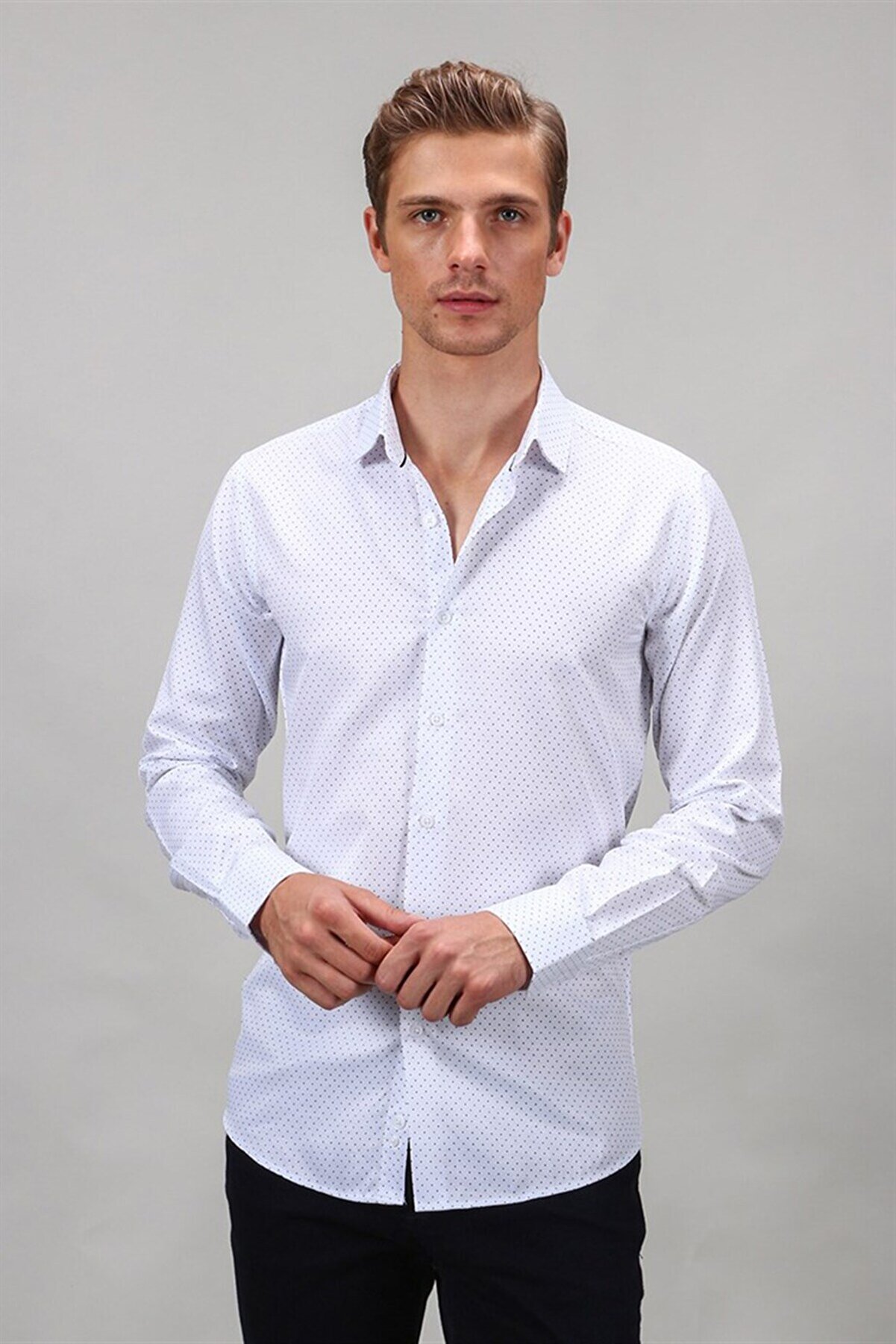 Tudors Modern Slim Fit Pamuklu Kolay Ütü Armürlü Erkek Beyaz Gömlek