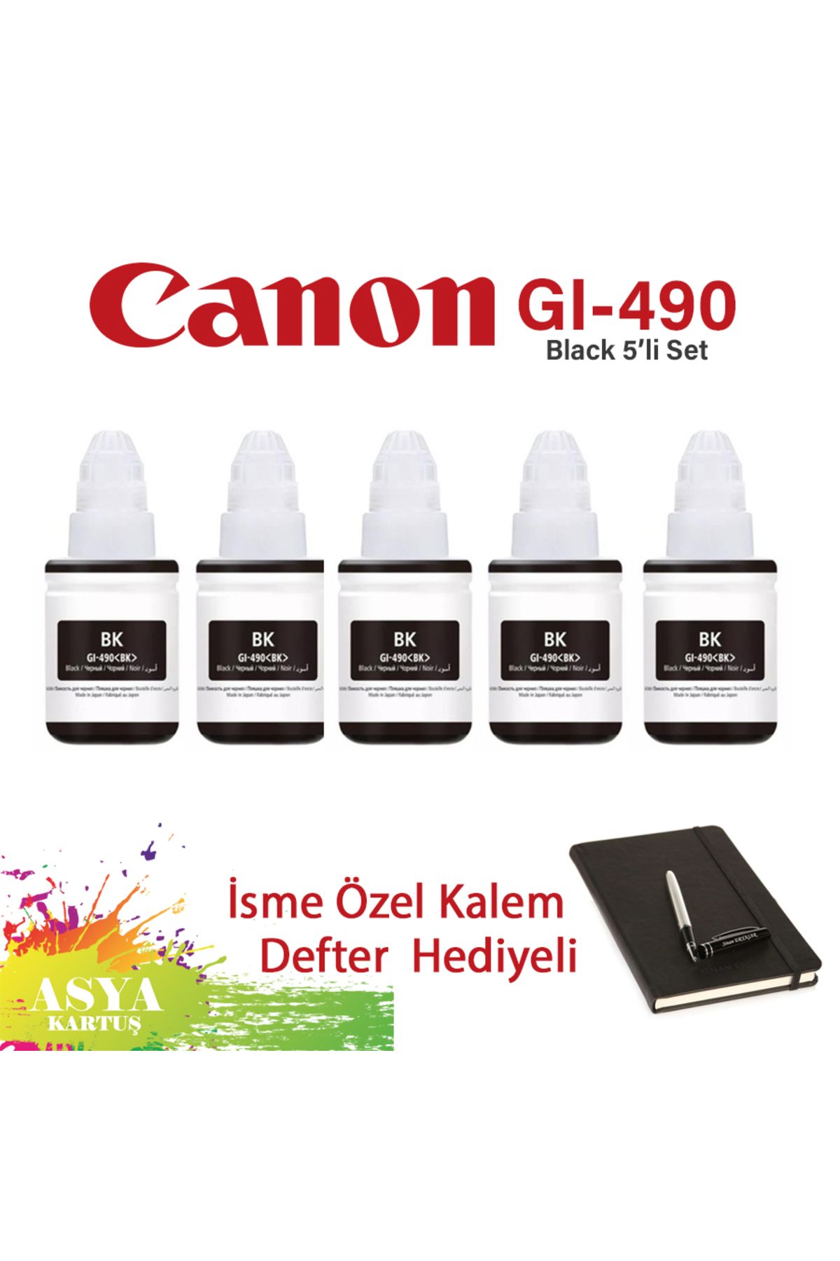 Canon Pixma G4411 Uyumlu GI-490 BK Siyah (Black) Kartuş 135 ml  5'Lİ Mürekkep Kartuşu