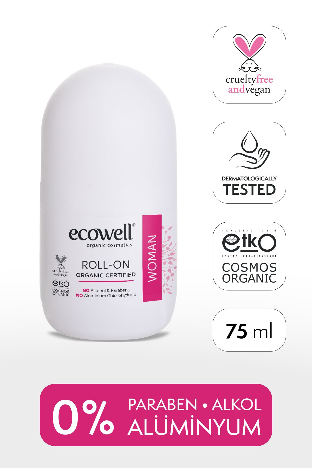 Ecowell Kadın Roll-on Deodorant, Organik & Vegan Sertifikalı, Doğal Ter Kokusu Önleyici 75 ml