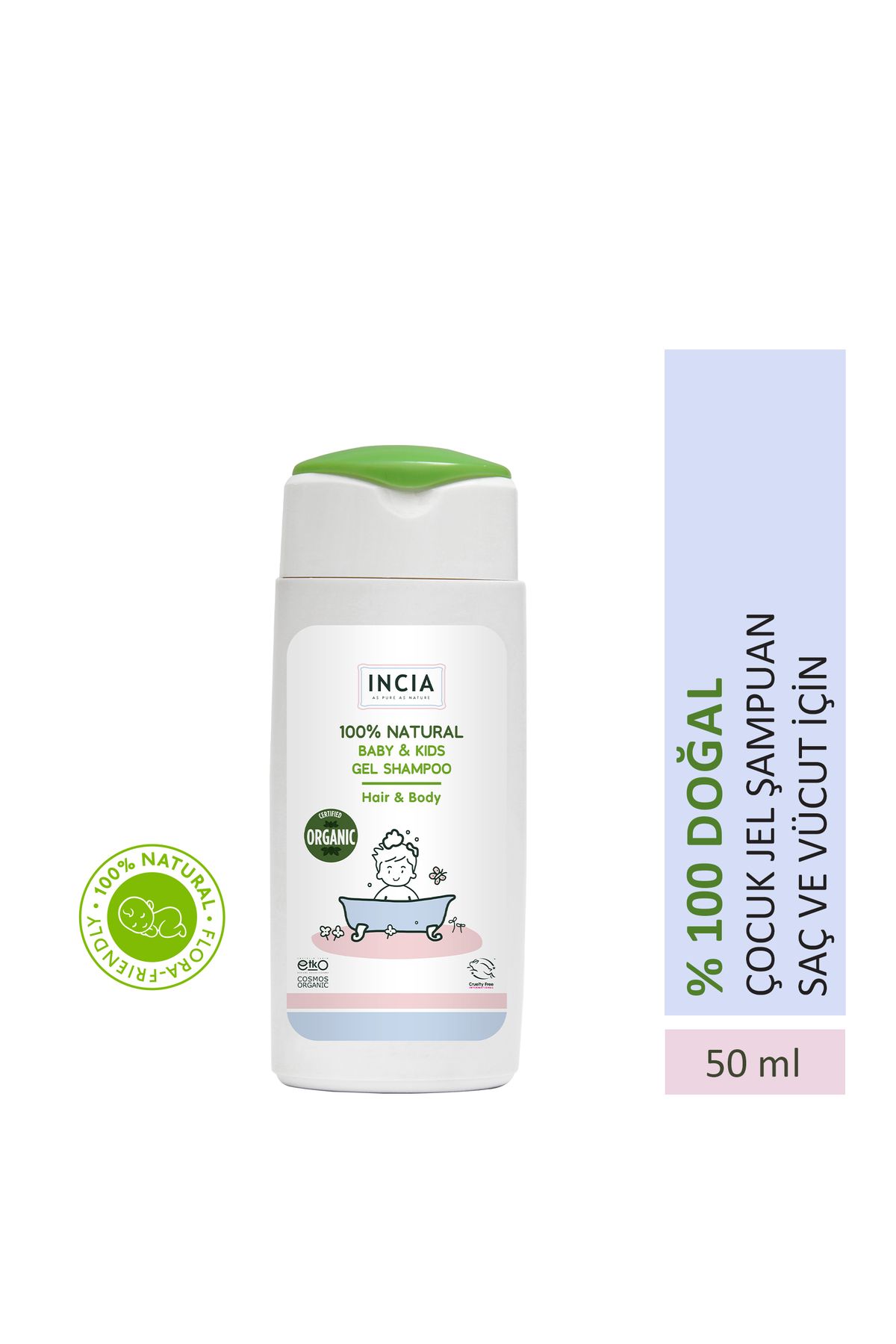 INCIA %100 Doğal Organik Bebek ve Çocuk Jel Şampuanı Saç Vücut Lavanta Konak Önleyici 50 ml