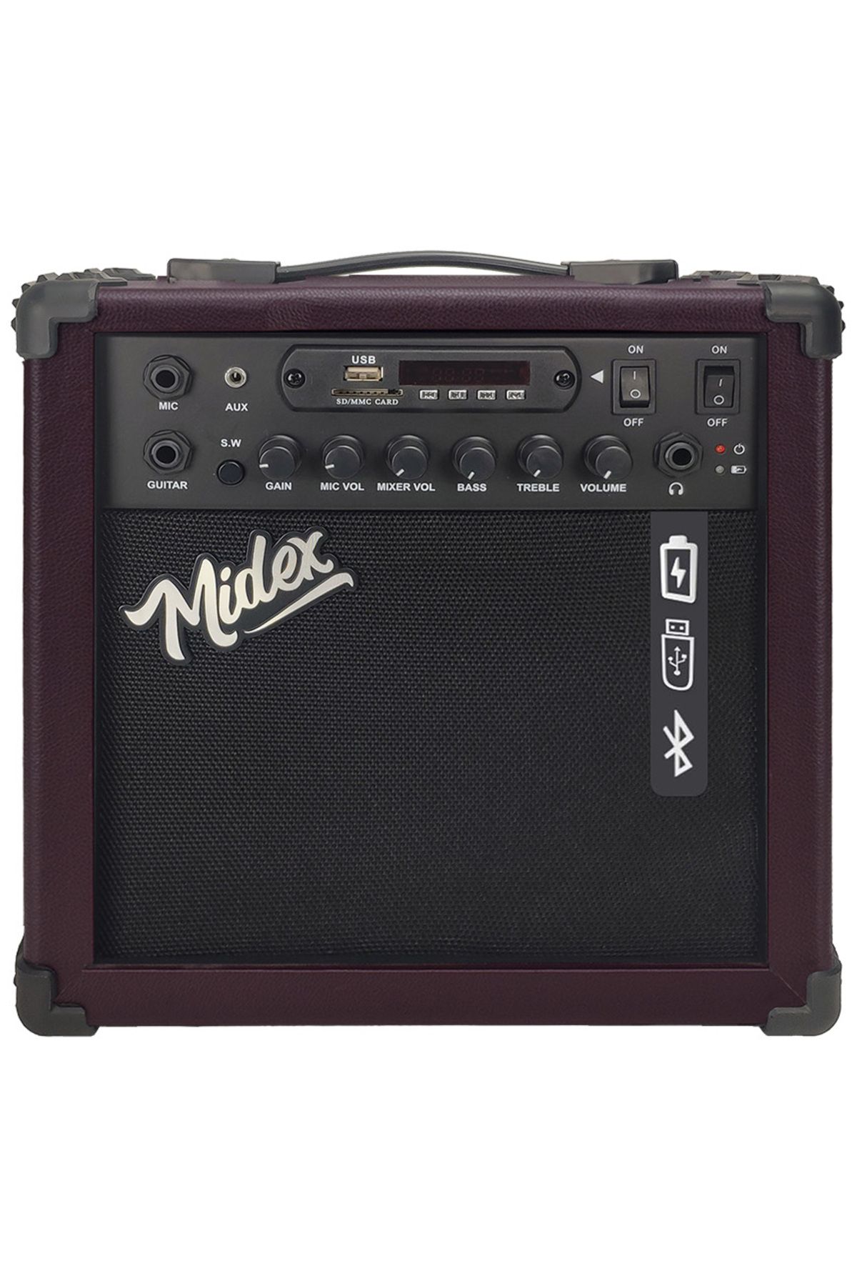 Midex MGA-25BN Elektro Gitar Amfisi 25 Watt USB Bluetooth Şarjlı 2 Girişli