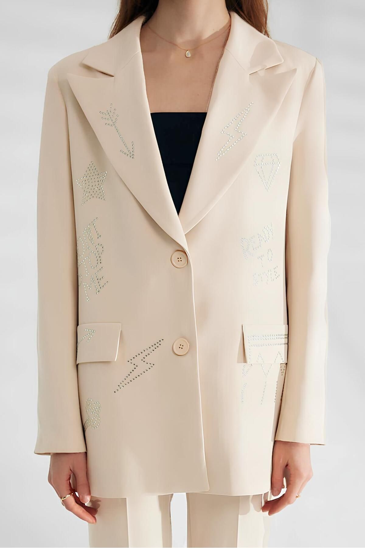 CYU Desenli Taşlı Astarlı Blazer Oversize Kadın Ceket